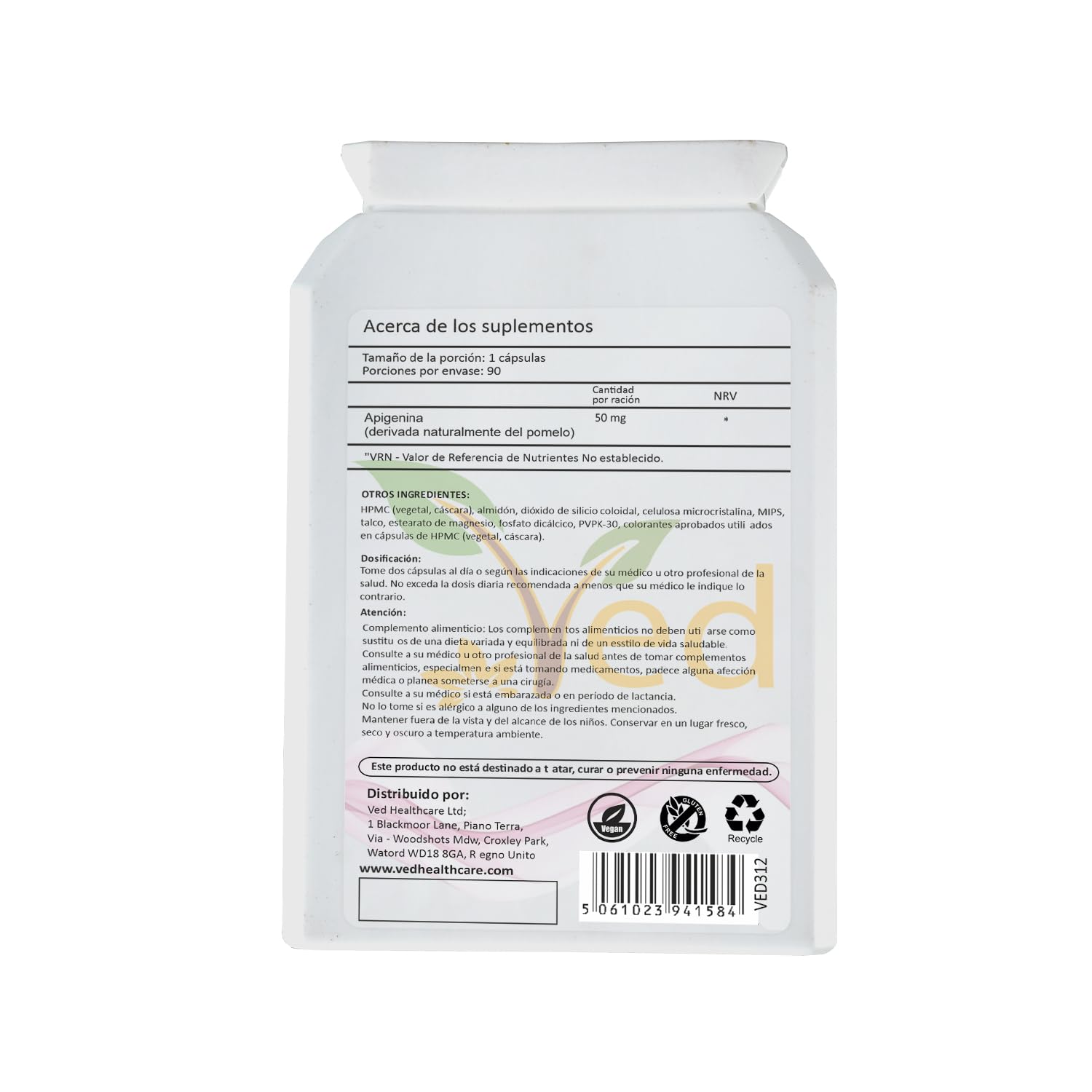 Ved Apigenin 50mg vegan capsules on a wooden table