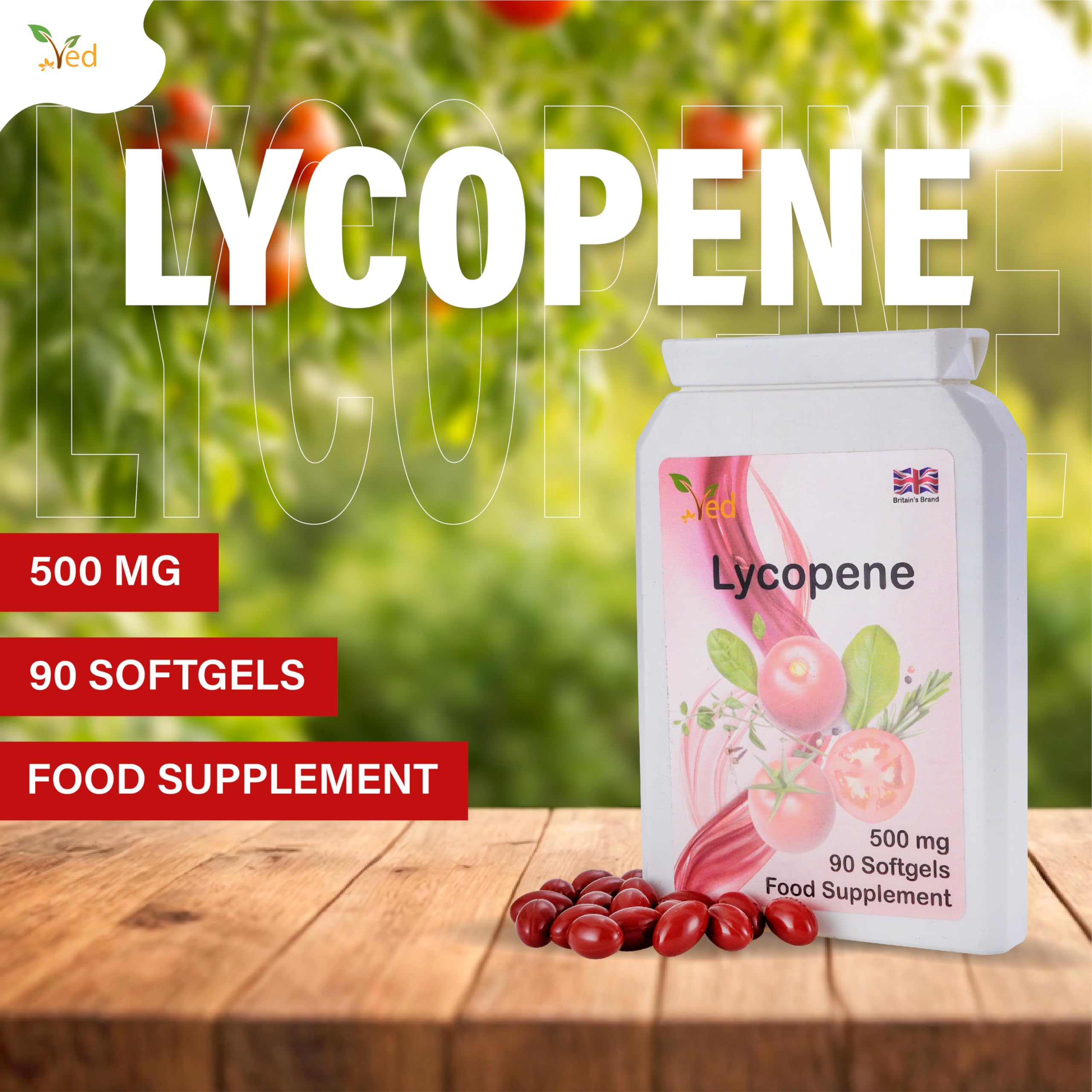 Ved Lycopene Soft Gels showing soft gel capsules