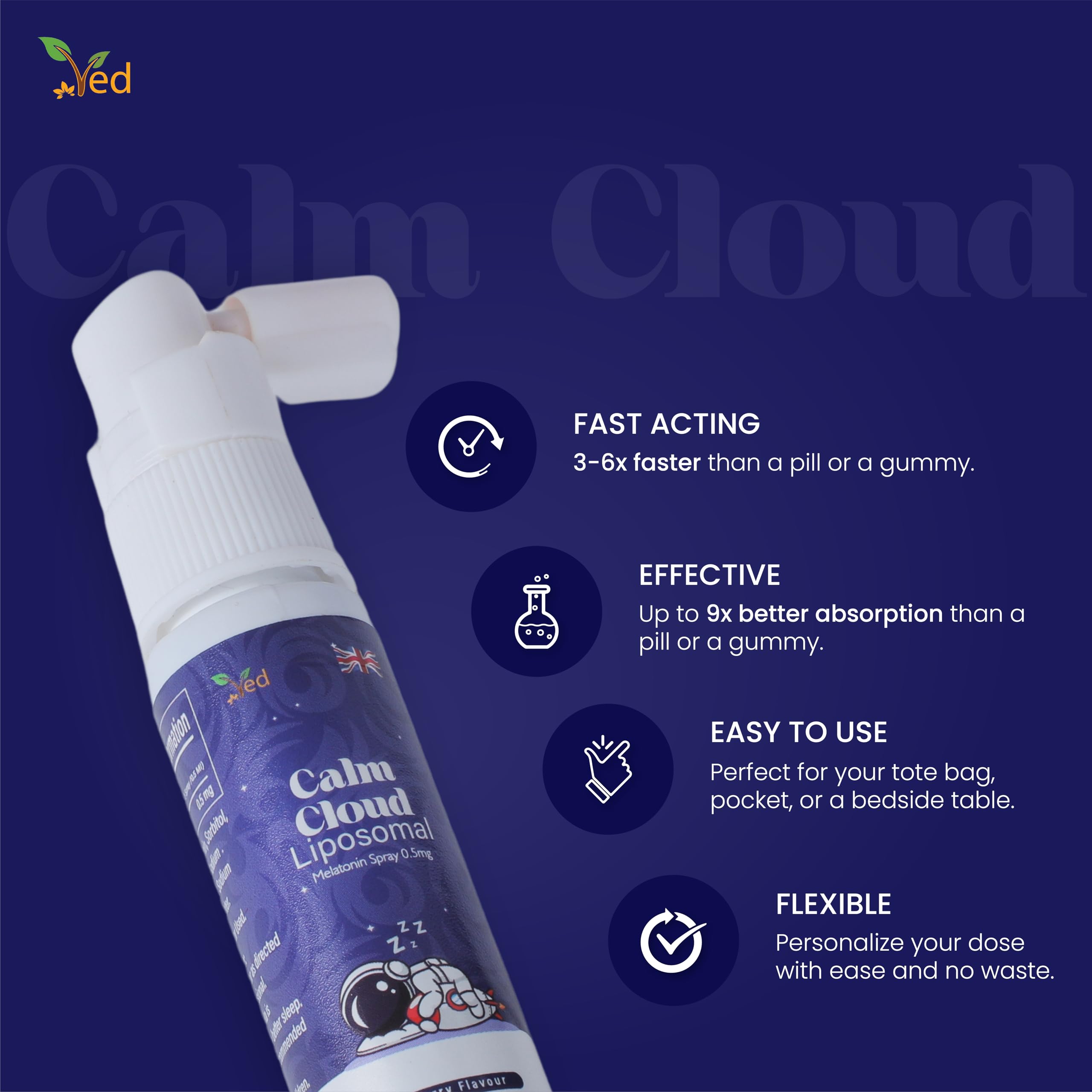 Ved Melatonin Sleep Assist Spray back view with ingredients listed