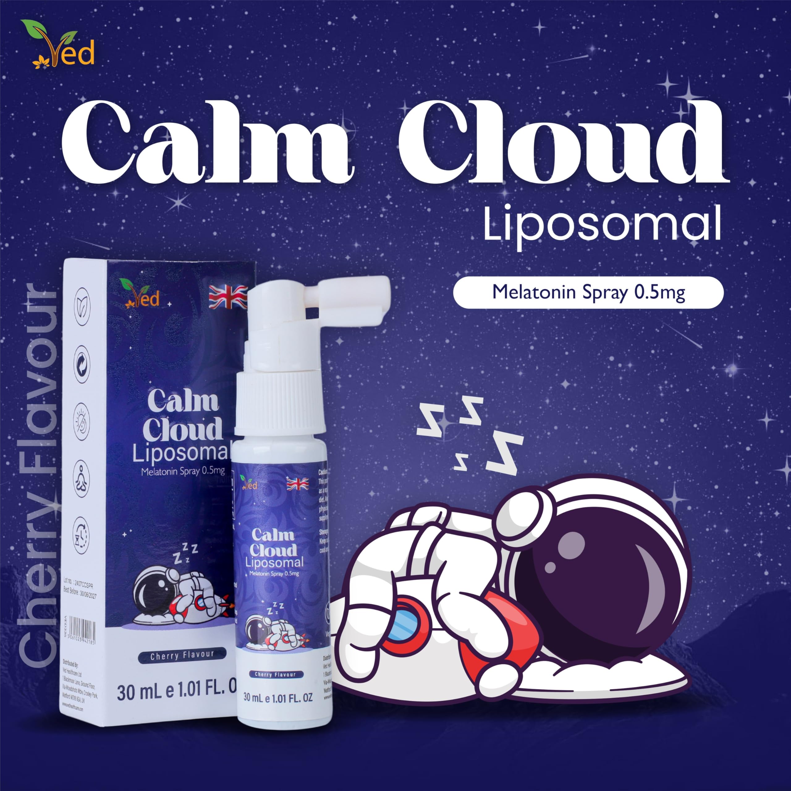 Ved Melatonin Sleep Assist Spray side view showing dosage instructions