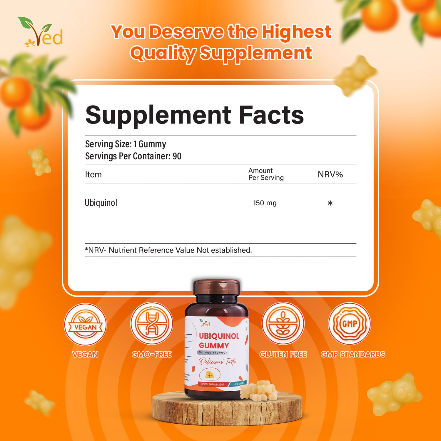 Ved Ubiquinol Gummies ingredients list on the back of the bottle