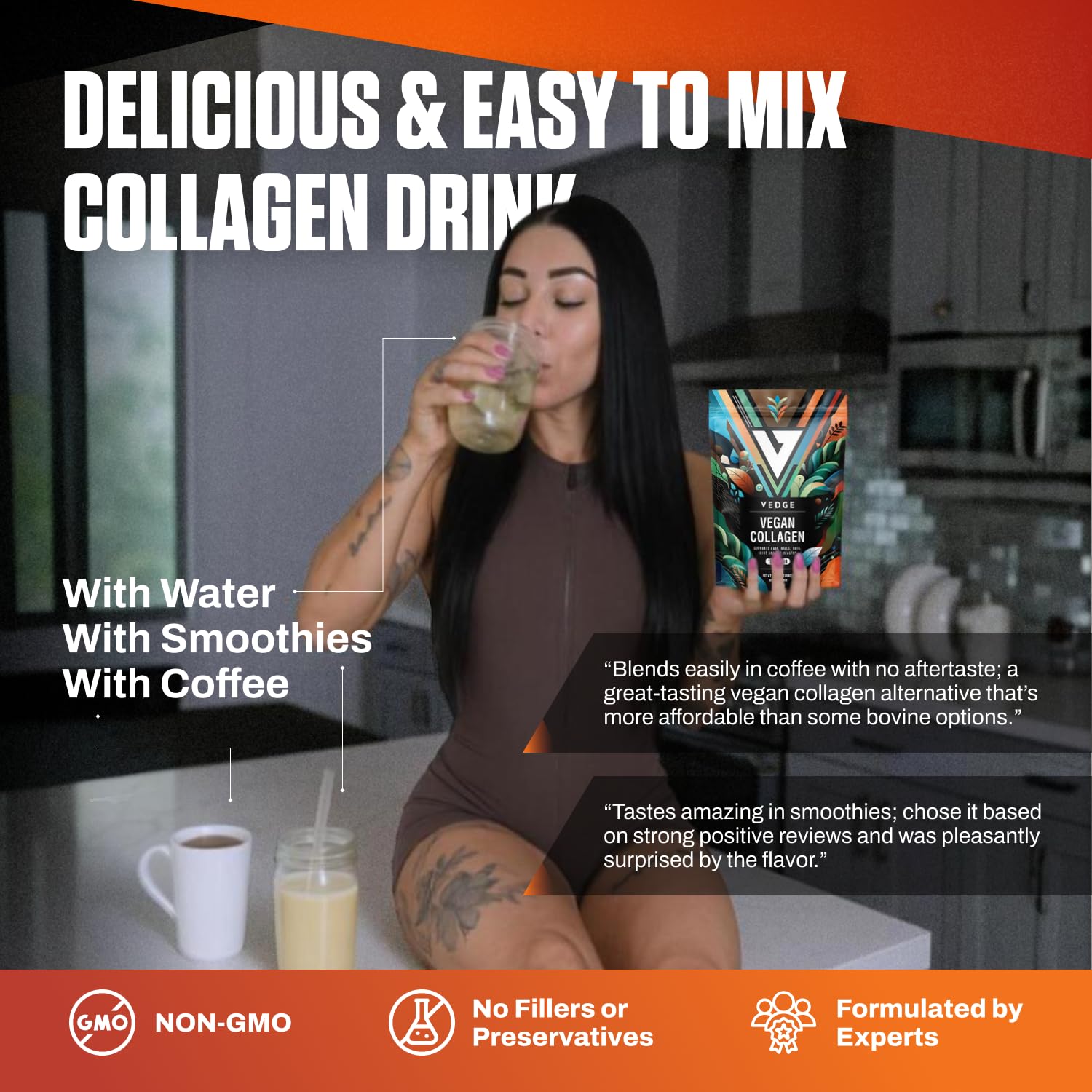 VEDGE Plant-Based Collagen Powder mixed in a smoothie
