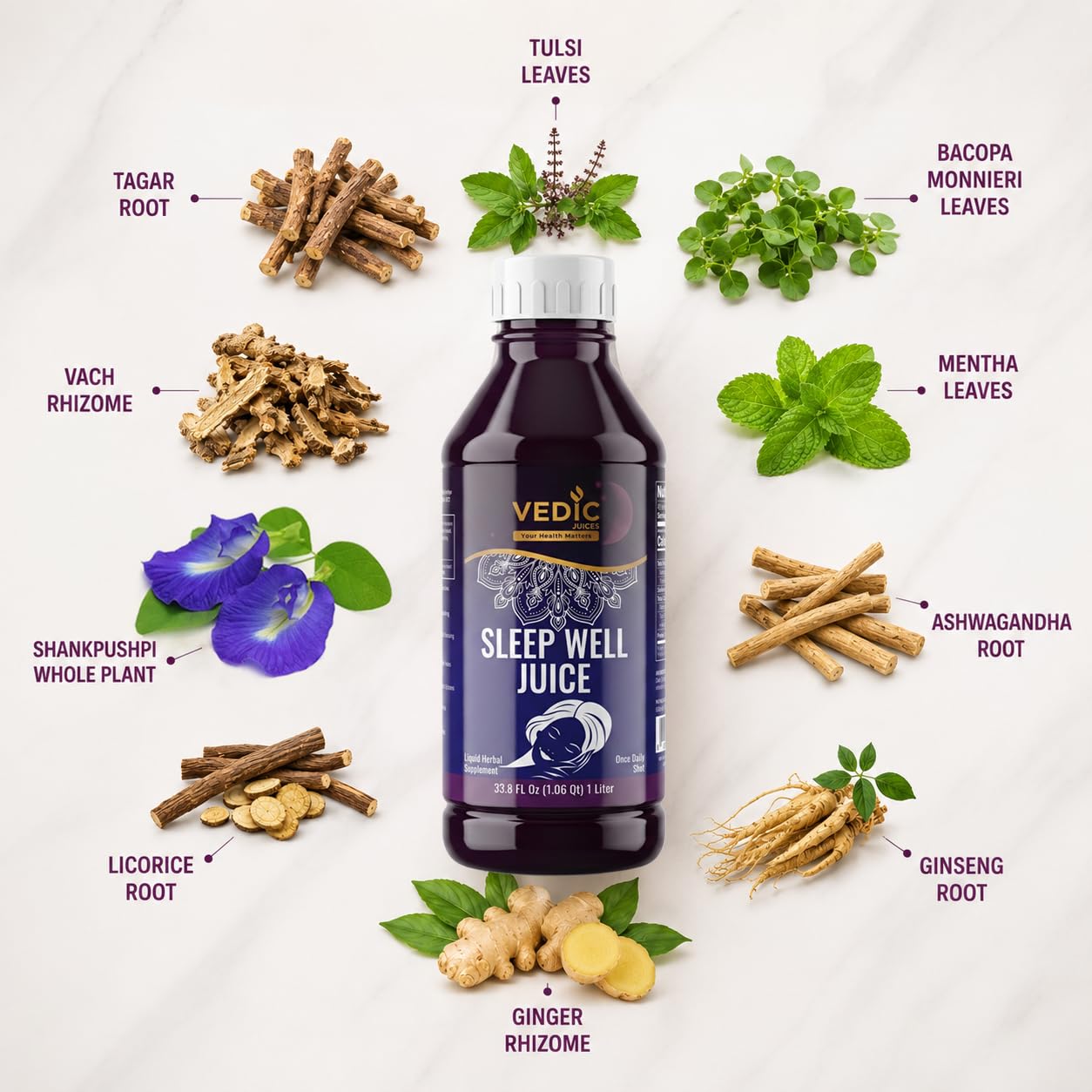 Vedic Juices Sleep Well Juice 1L bottle side view