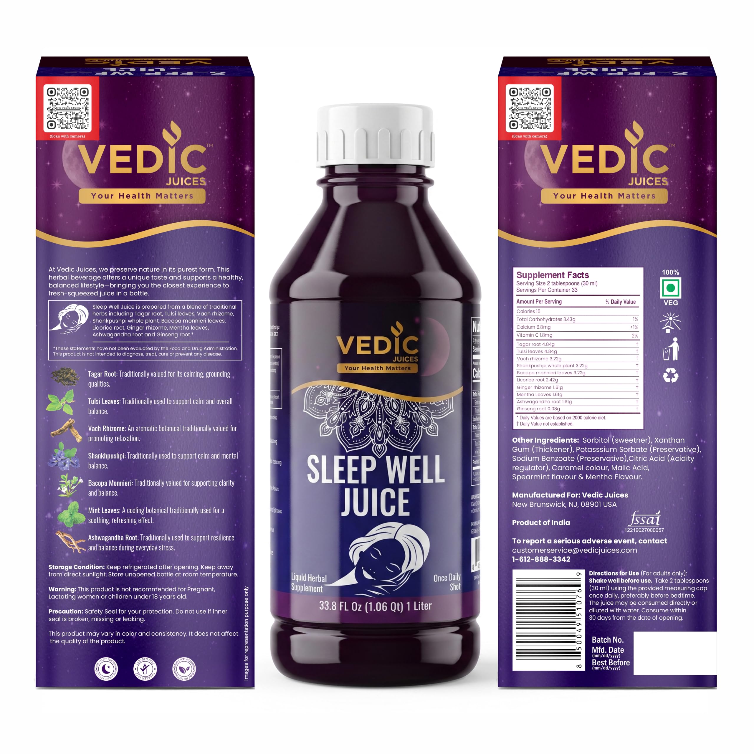 Vedic Juices Sleep Well Juice 1L label close-up
