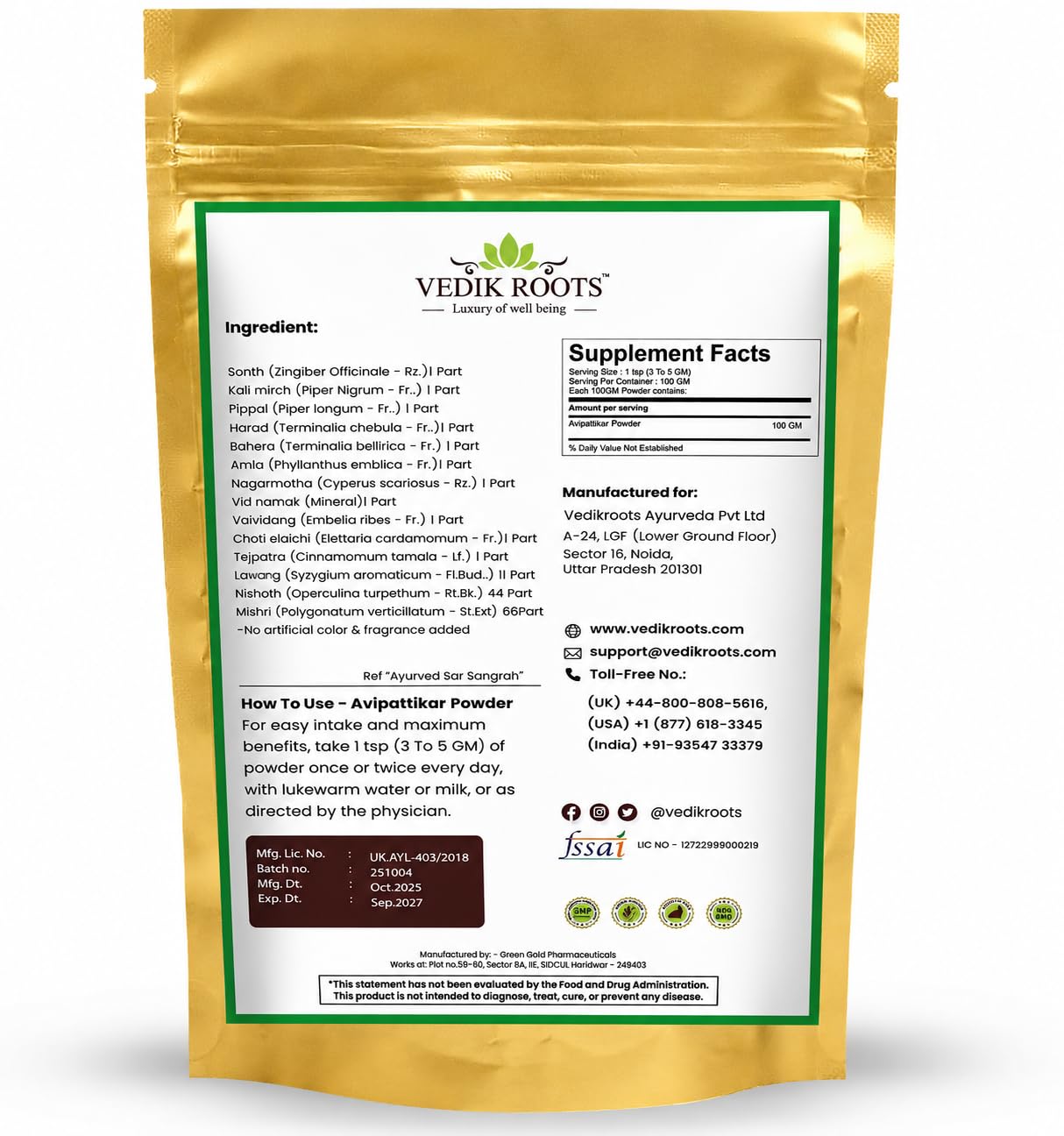 VEDIKROOTS Avipattikar Churna 100g back view packaging