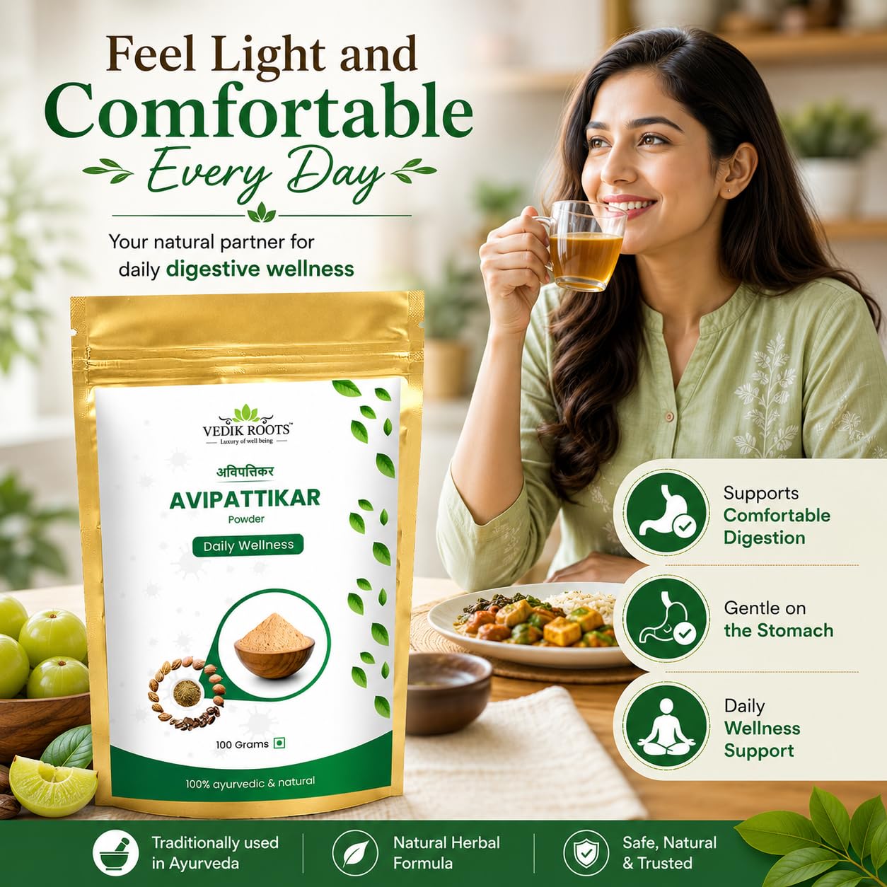 VEDIKROOTS Avipattikar Churna with glass of milk