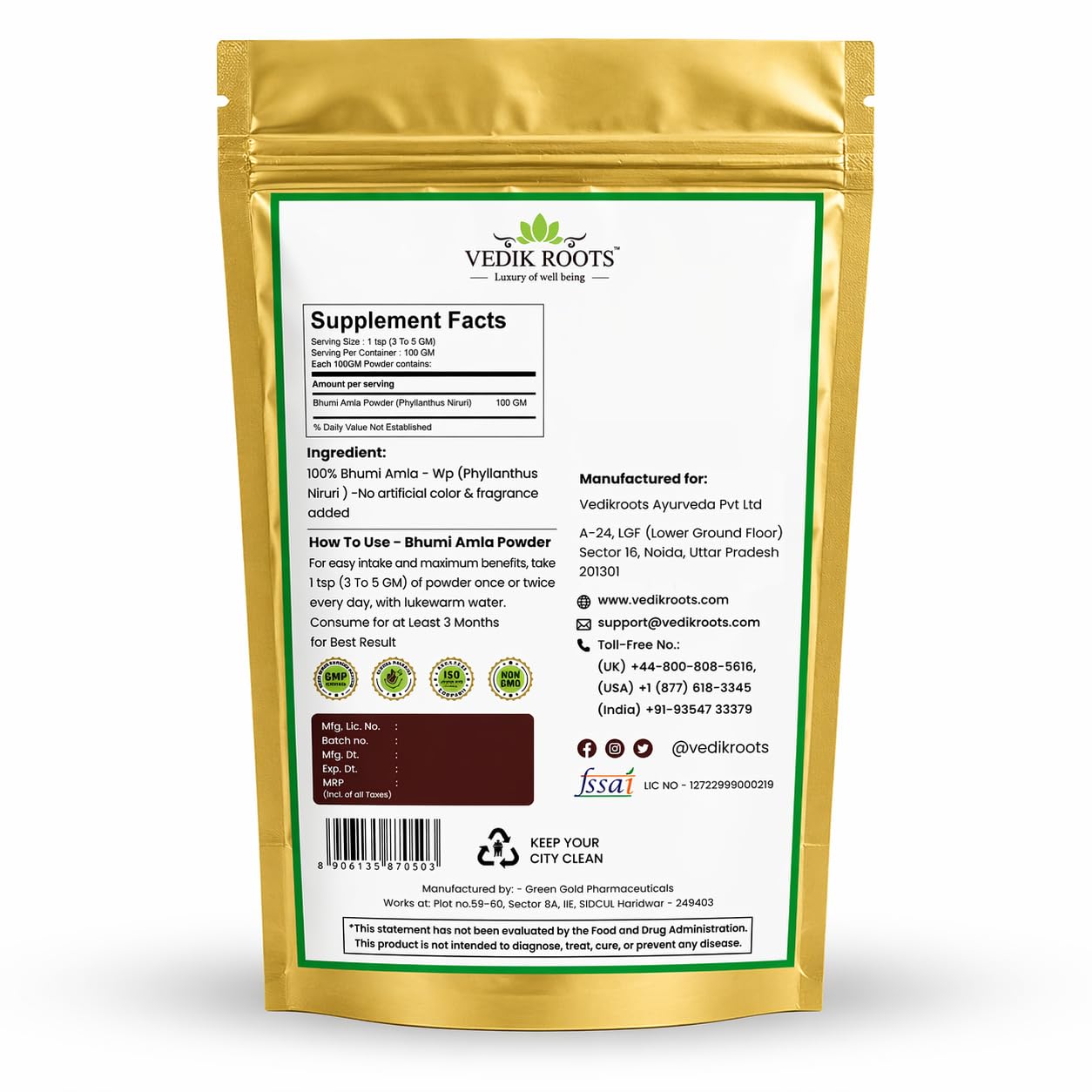 VEDIKROOTS Bhumi Amla Powder 222g back view with ingredient details
