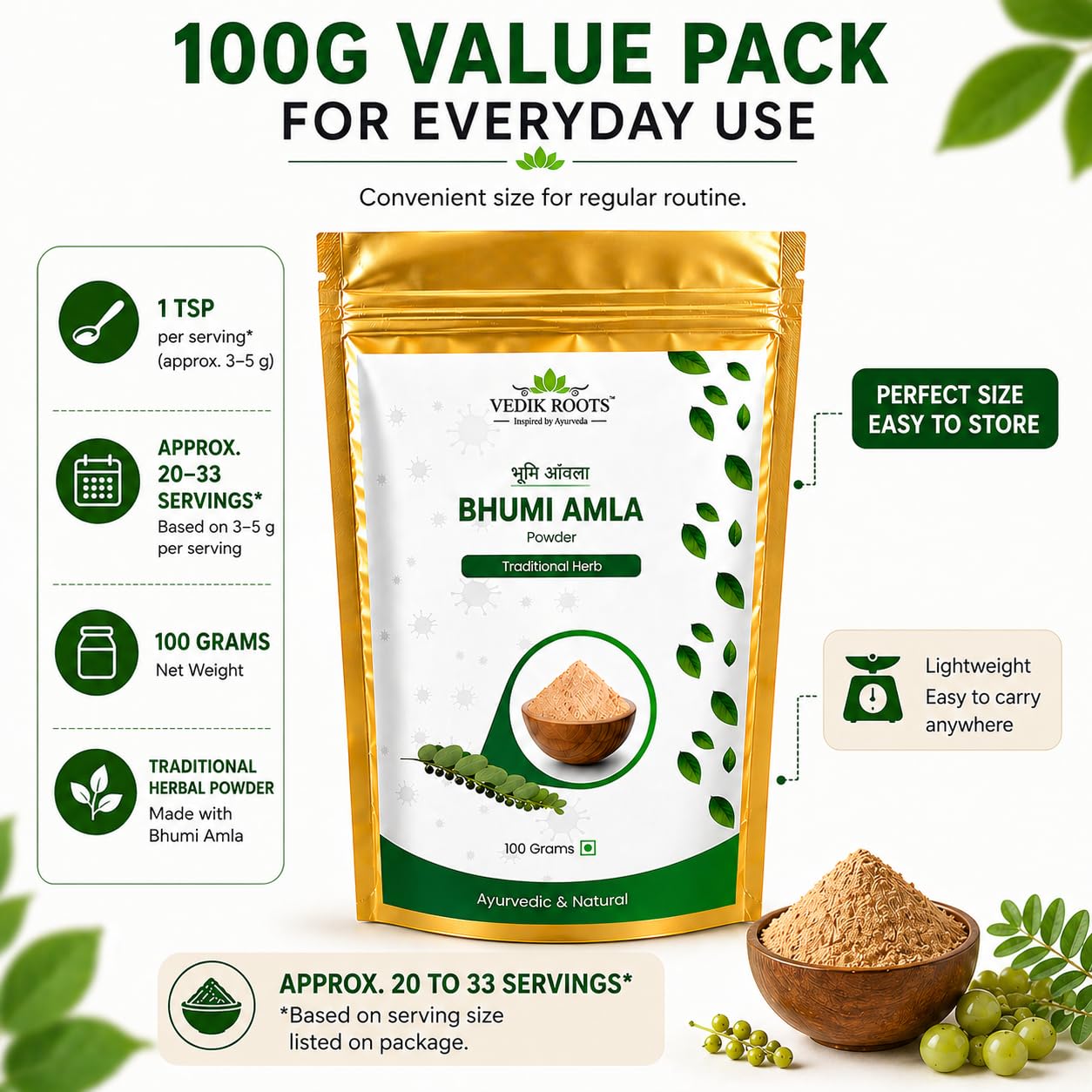 VEDIKROOTS Bhumi Amla Powder displayed with herbal supplements