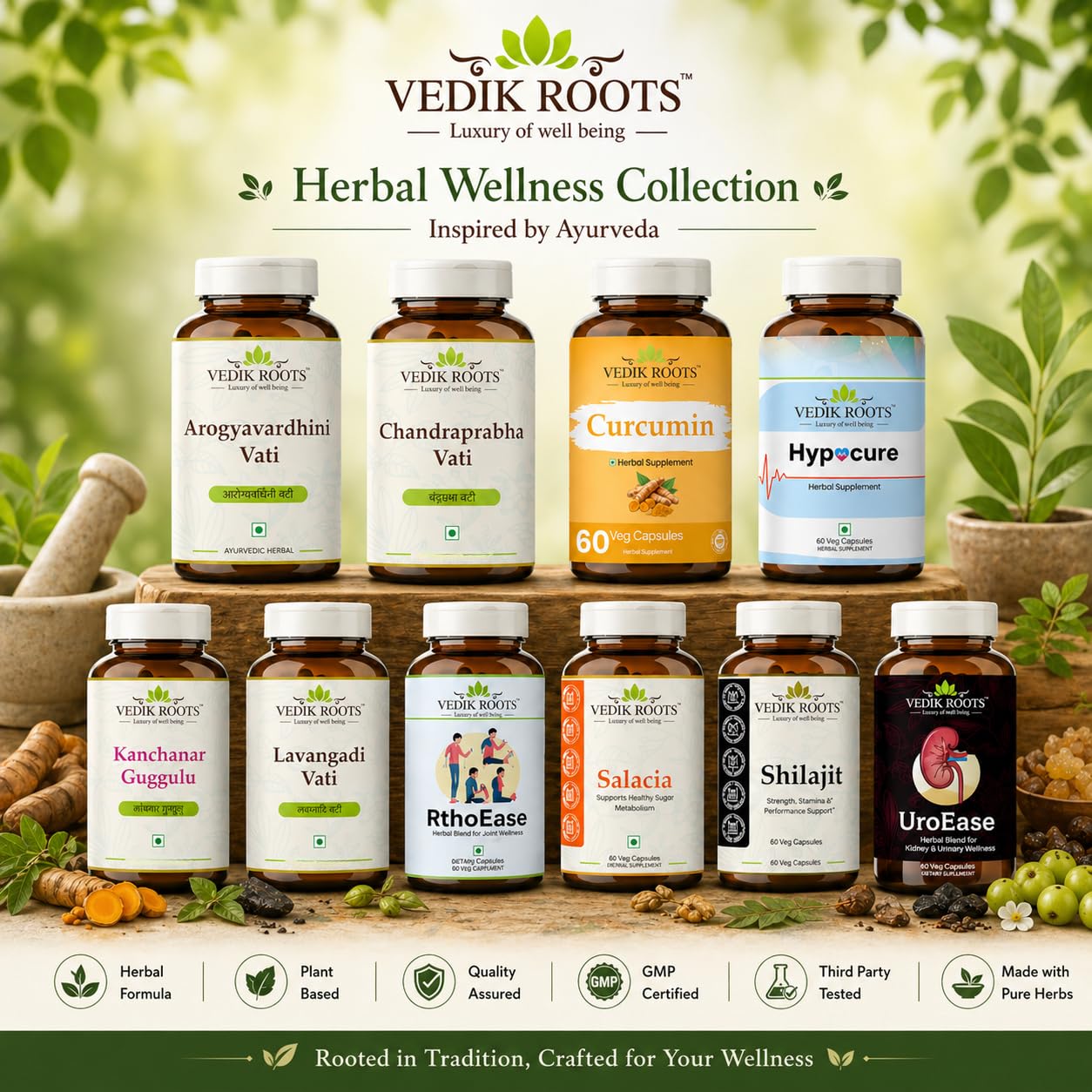 VEDIKROOTS Herbal Supplement 68g on a wooden table