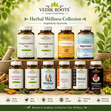 VEDIKROOTS Herbal Supplement 68g on a wooden table