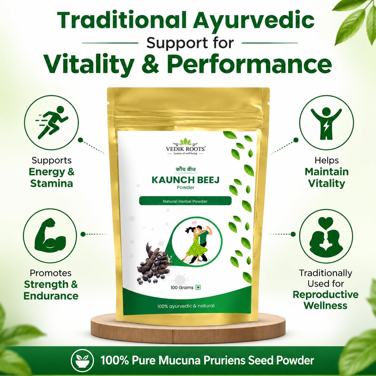VEDIKROOTS Kaunch Beej powder in a bowl