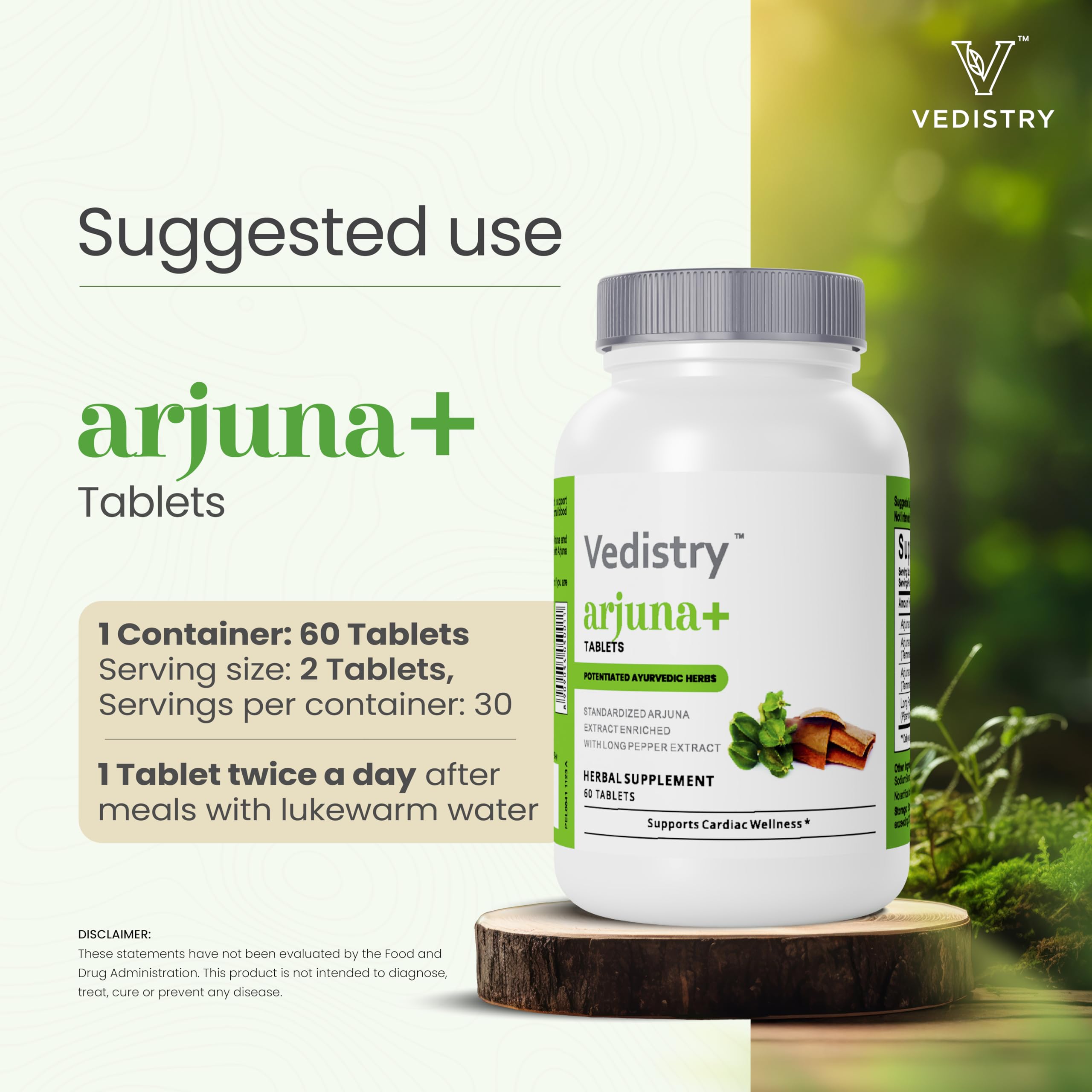 Vedistry Arjuna Tablets 100g lifestyle scene with herbal elements