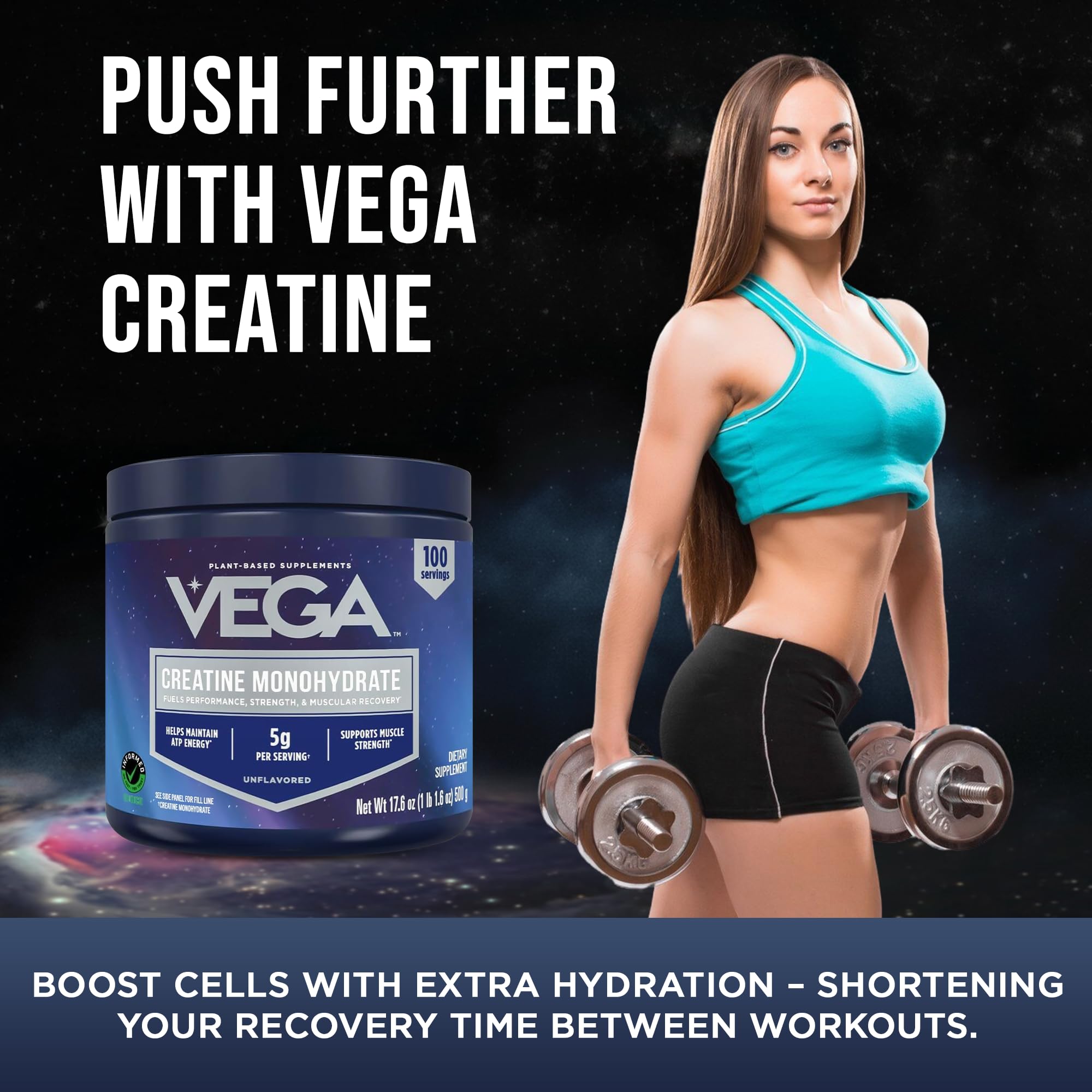 Vega Creatine Monohydrate Powder with gym equipment