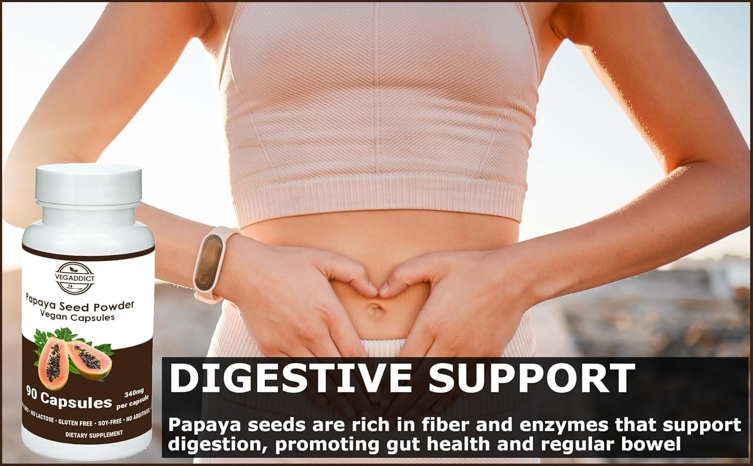 Vegaddict Multi-Enzymes capsules on a wooden surface