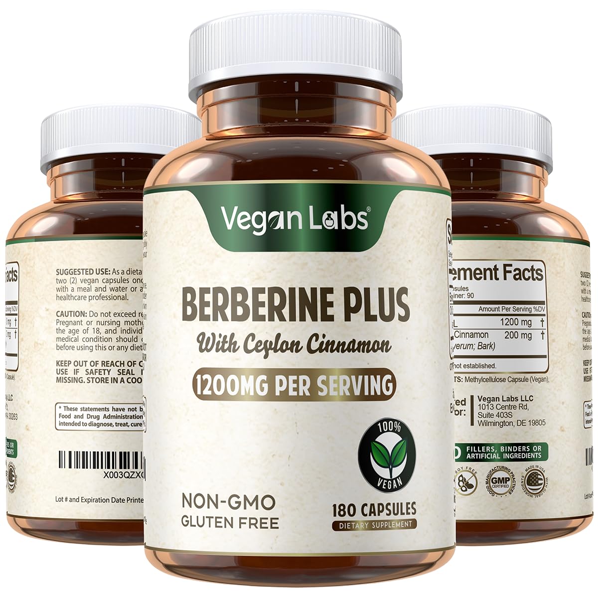 Vegan Labs Berberine with Organic Ceylon Cinnamon 180 capsules front view