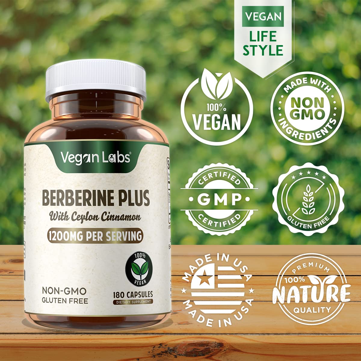 Vegan Labs Berberine with Organic Ceylon Cinnamon bottle with a measuring spoon