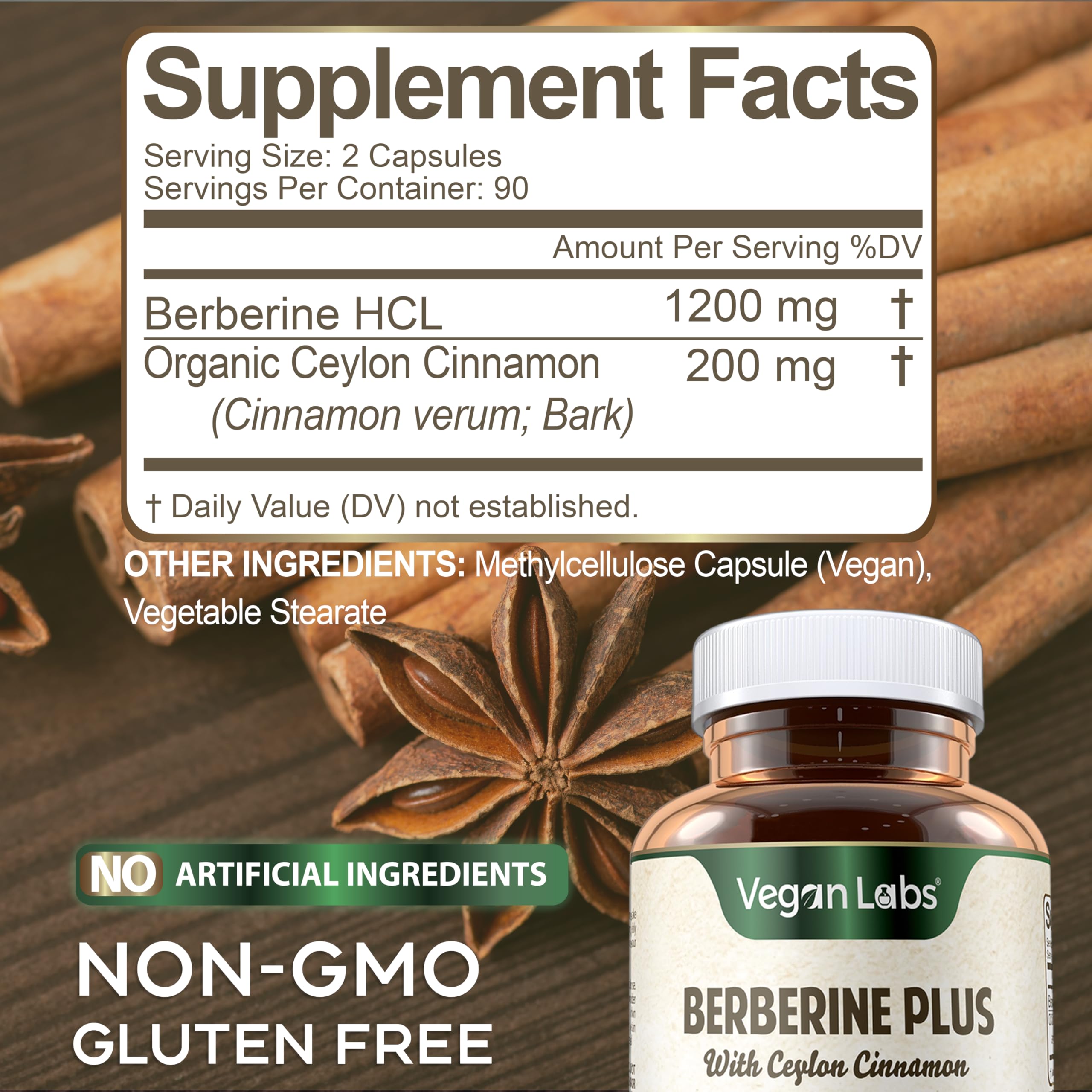 Vegan Labs Berberine with Organic Ceylon Cinnamon capsules on a wooden table
