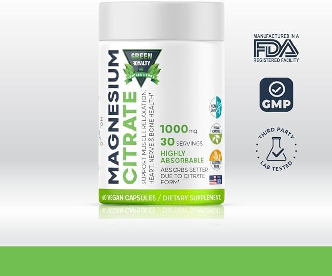 Vegan Magnesium Capsules by GREEN ROYALTY on white background