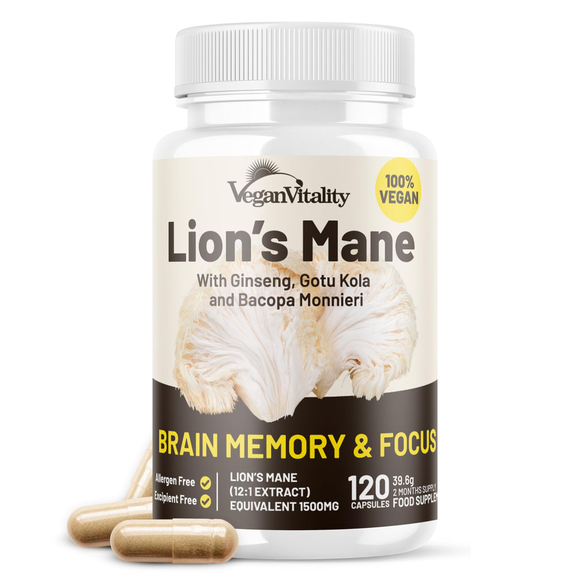 Vegan Vitality Lion’s Mane Mushroom Capsules front view