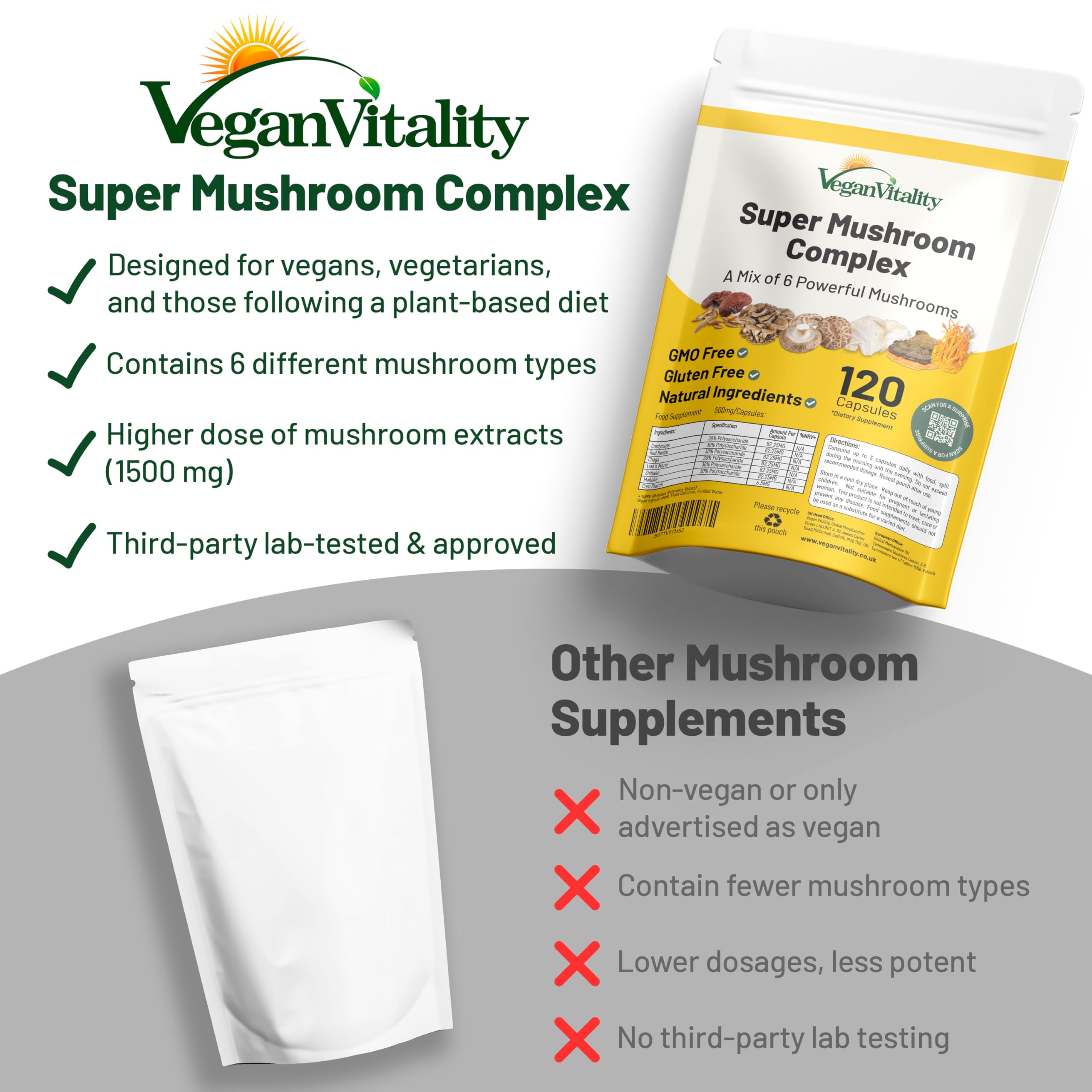 Vegan Vitality Lion's Mane Mushroom Capsules on a kitchen counter