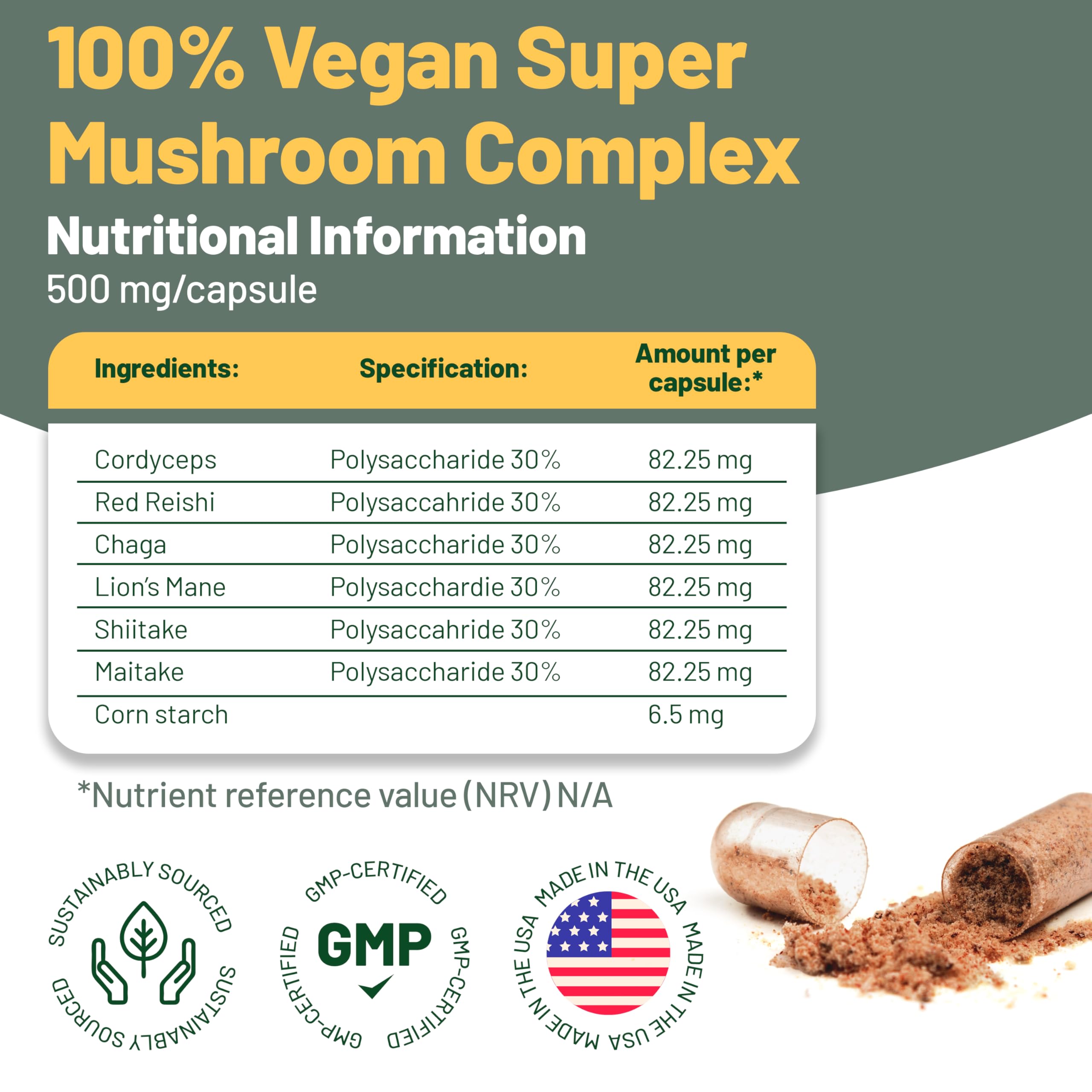 Vegan Vitality Lion's Mane Mushroom Capsules side view