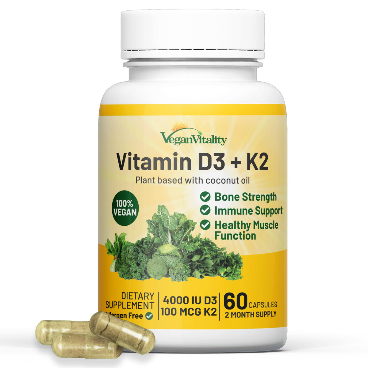 Vegan Vitality Vitamin D3 + K2 capsules bottle front view