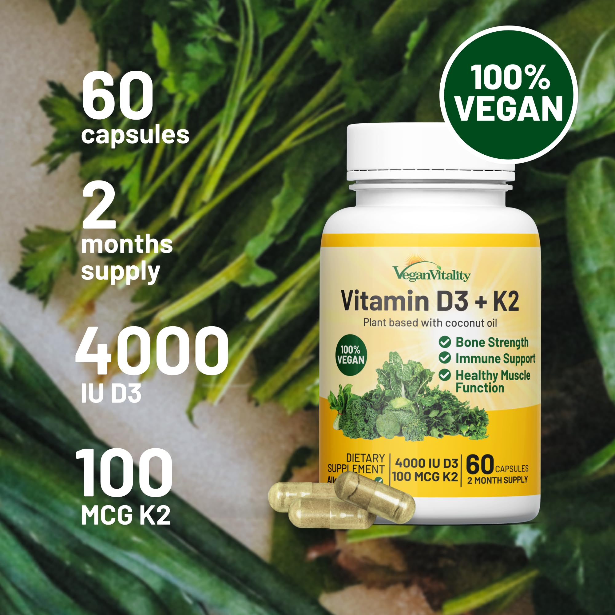 Vegan Vitality Vitamin D3 + K2 capsules with coconut oil