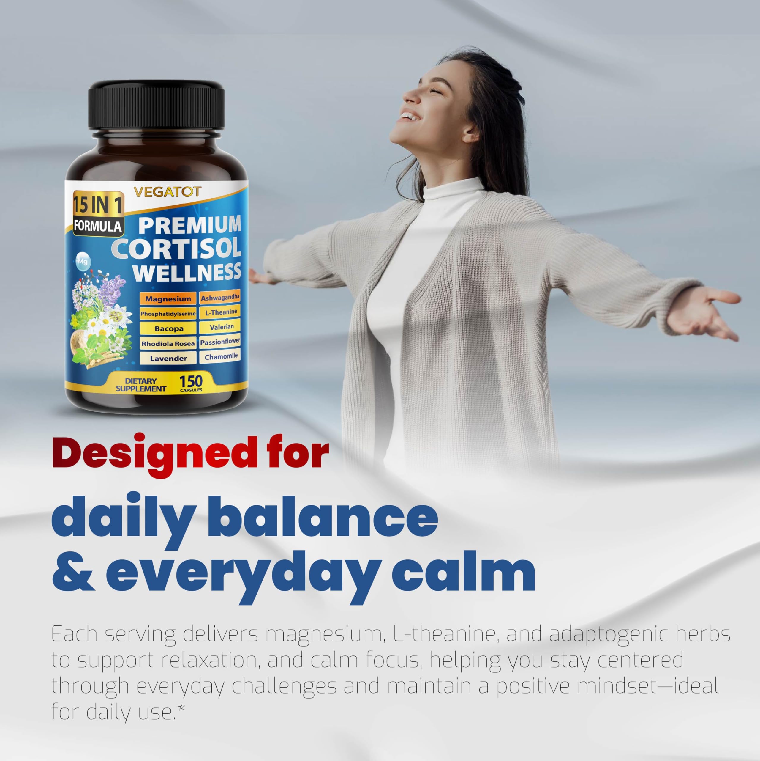 VEGATOT Cortisol Wellness Supplement bottle side view