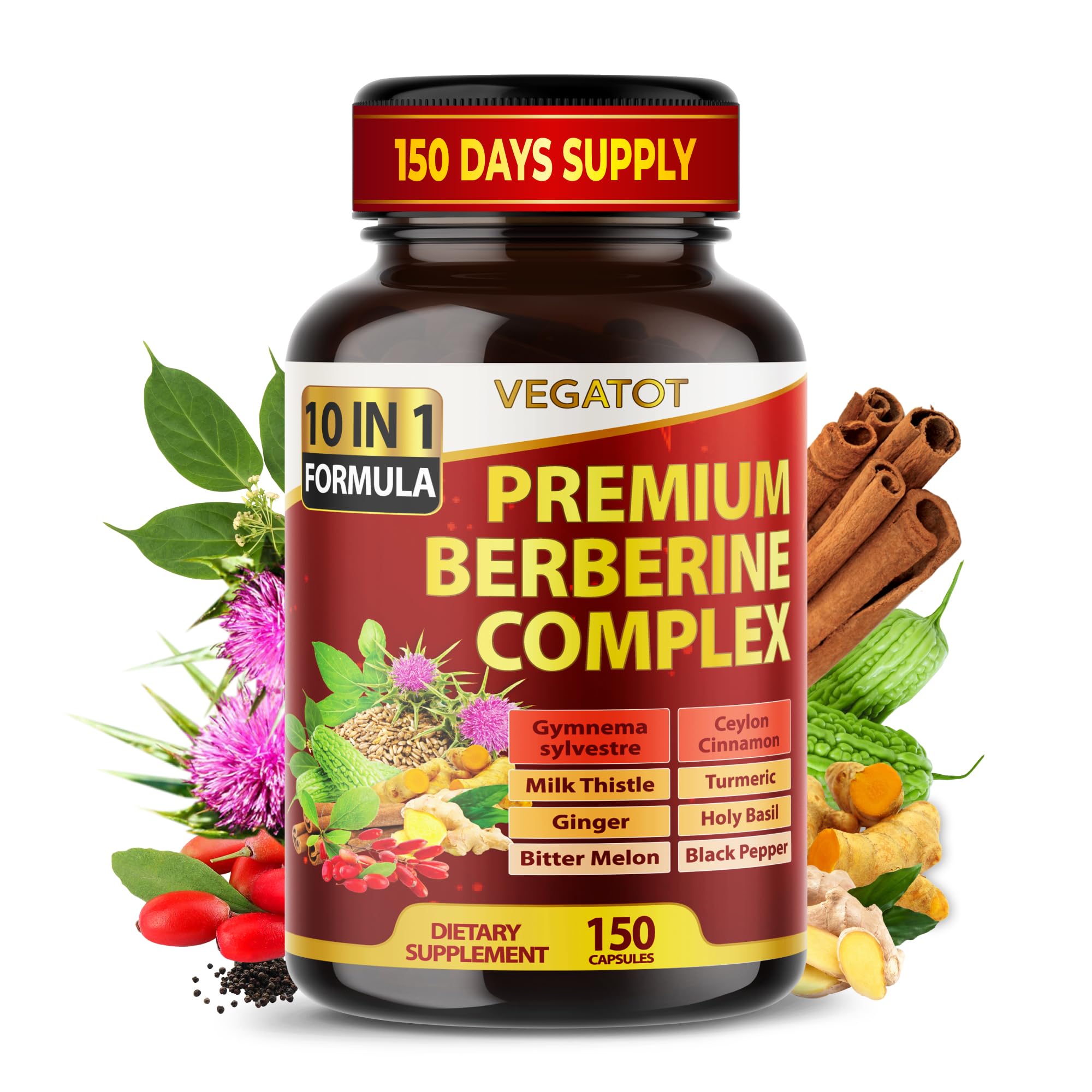 VEGATOT GlucoSavior Berberine Supplement 60 Capsules front view
