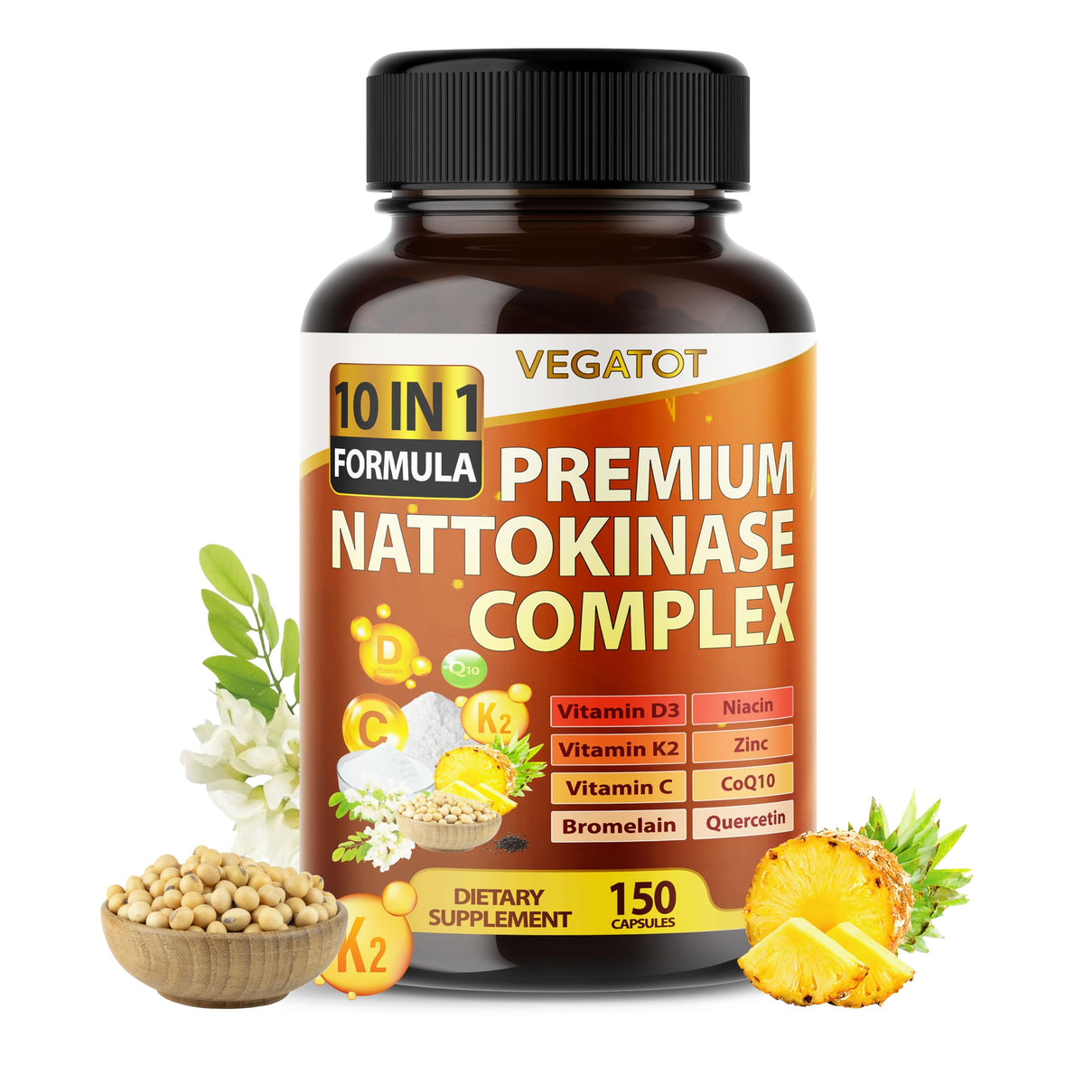 VEGATOT Nattokinase Supplement 60 capsules front view