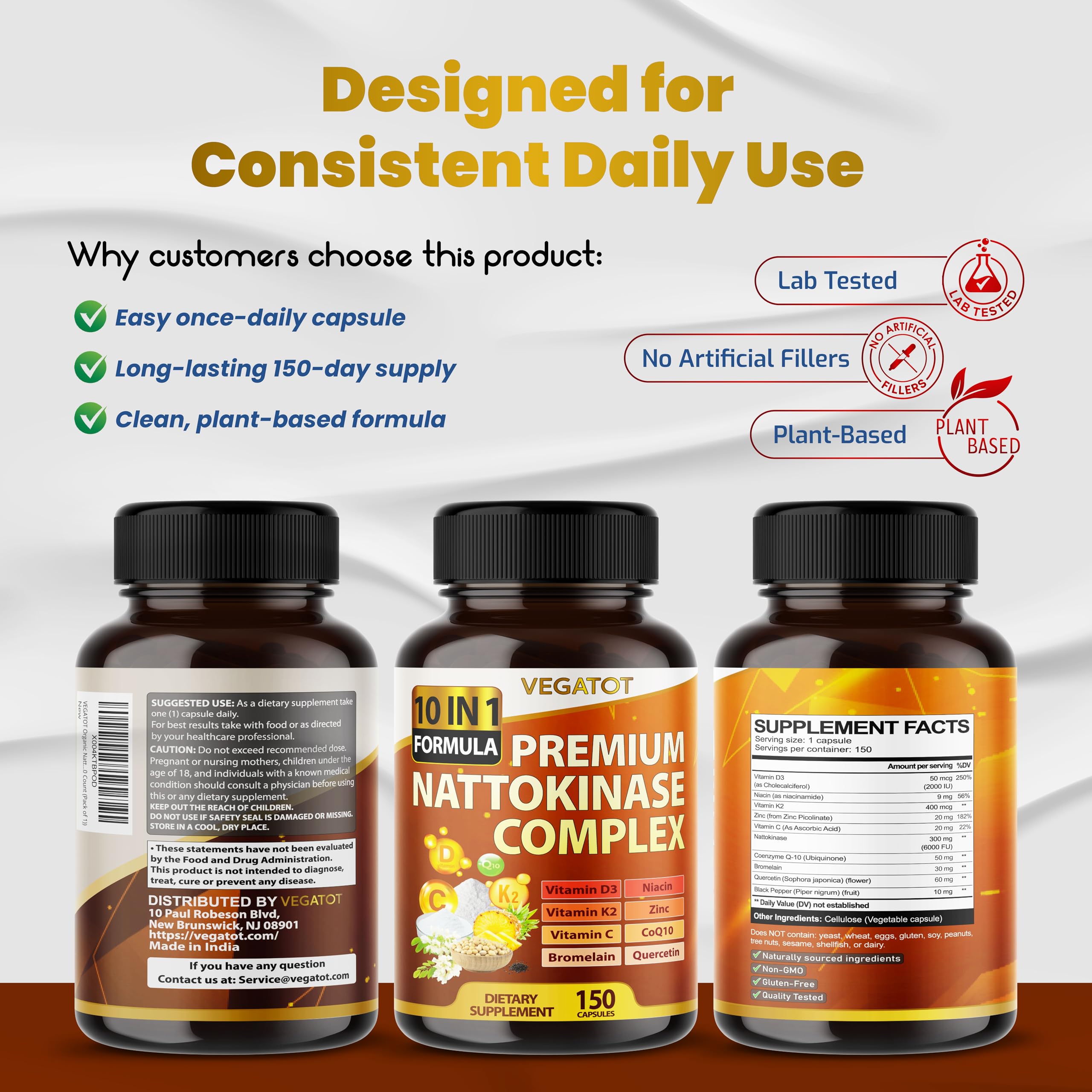 VEGATOT Nattokinase Supplement opened bottle with capsules
