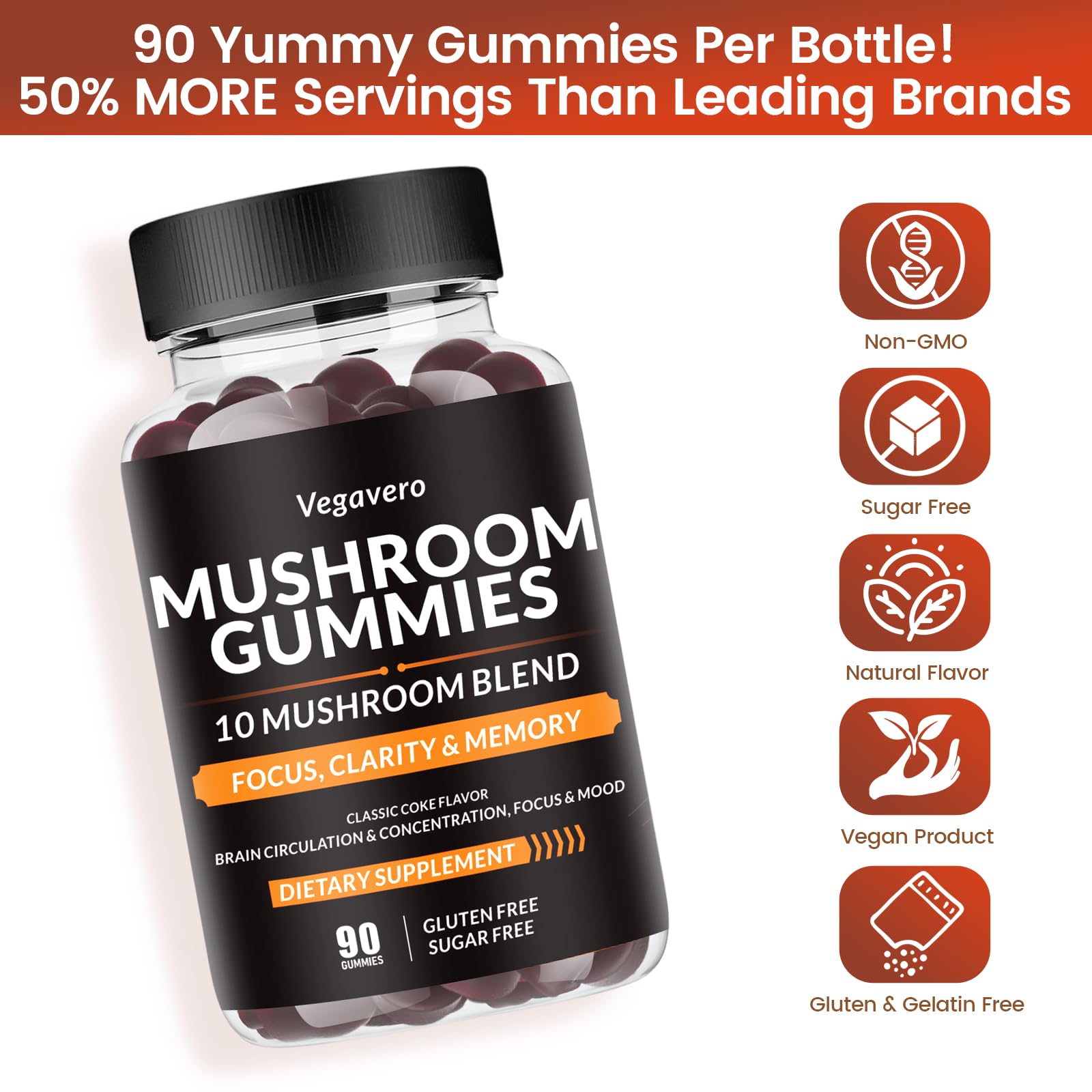 Vegavero Mushroom Complex Gummies displayed on a wooden table
