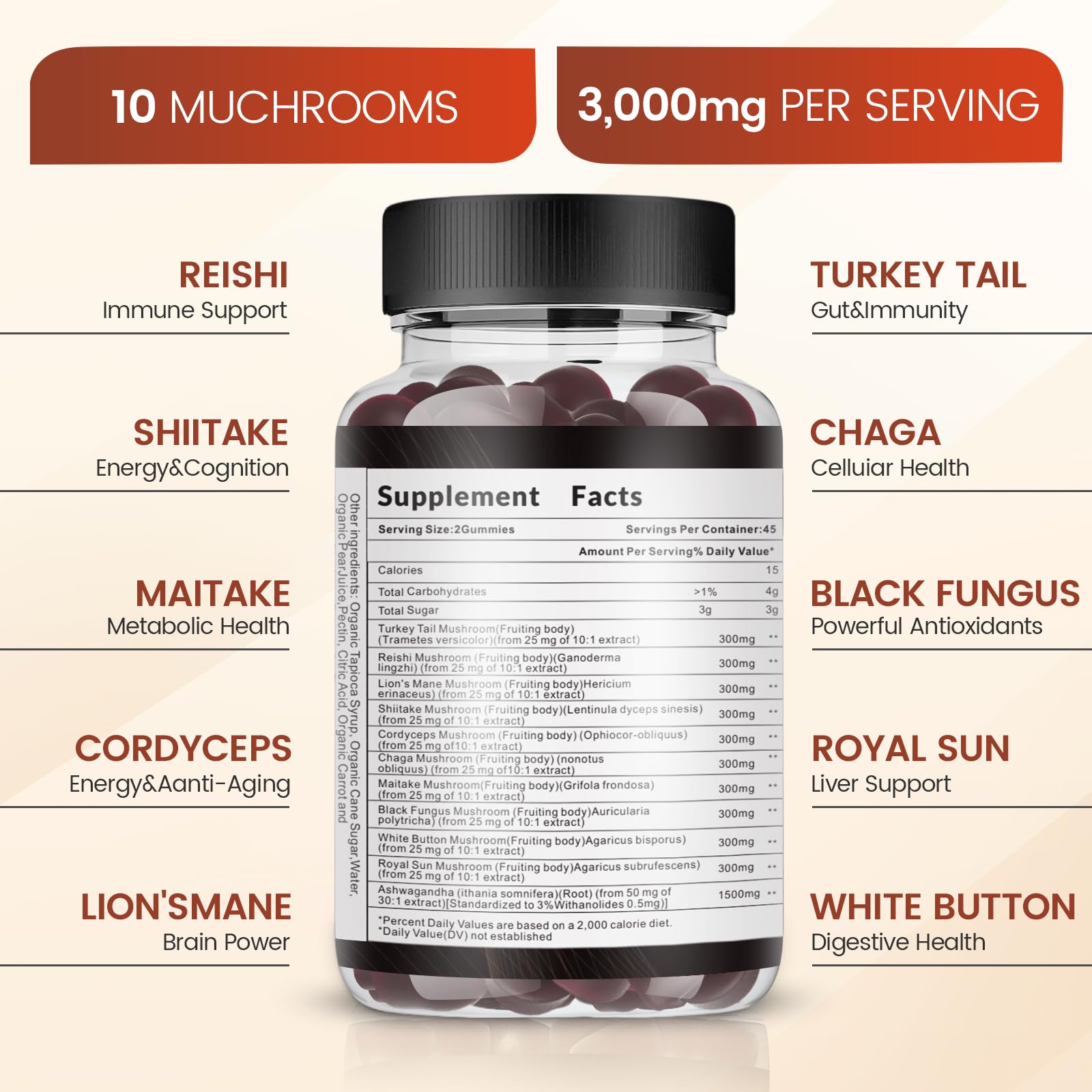 Vegavero Mushroom Complex Gummies side view of the bottle