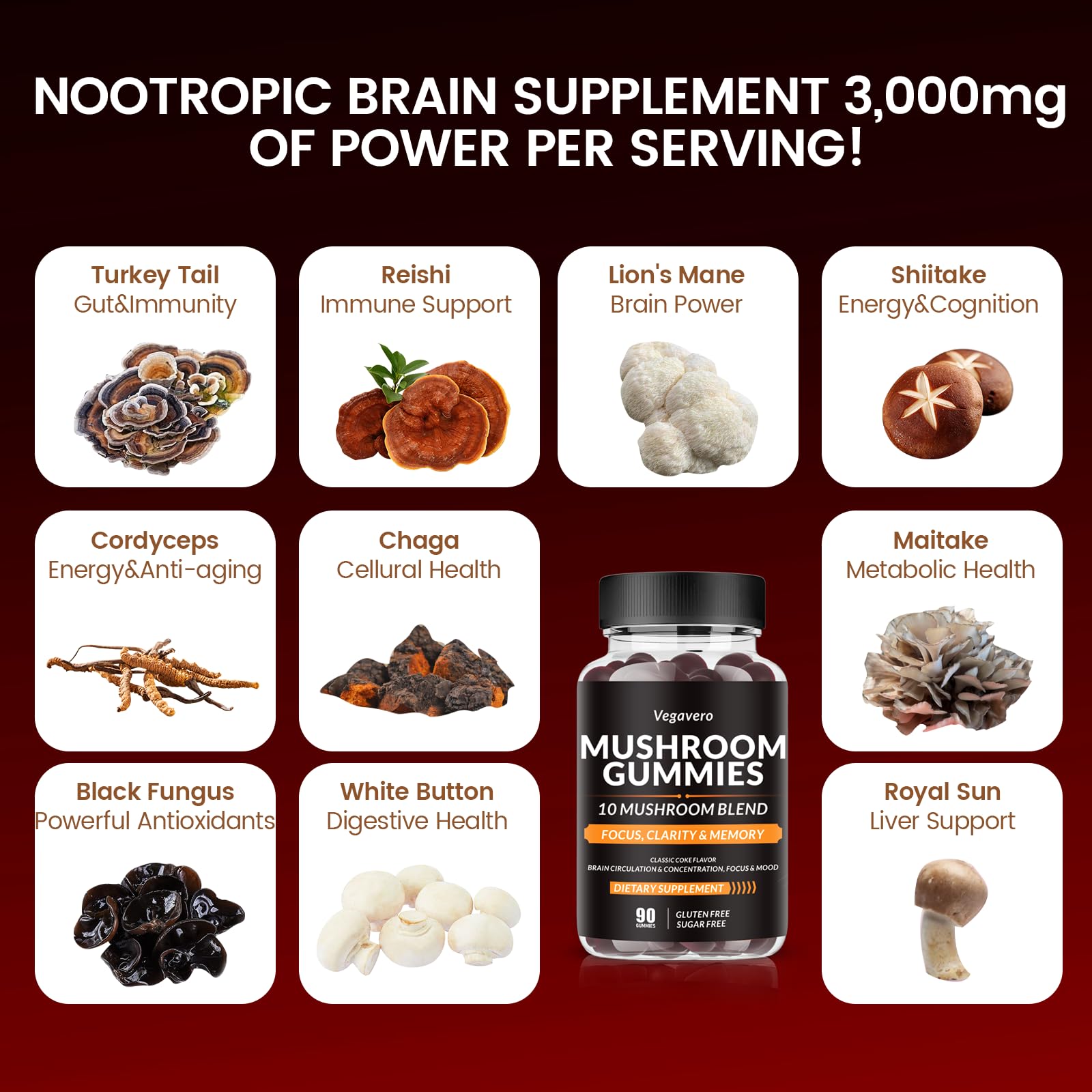 Vegavero Mushroom Complex Gummies with a measuring spoon