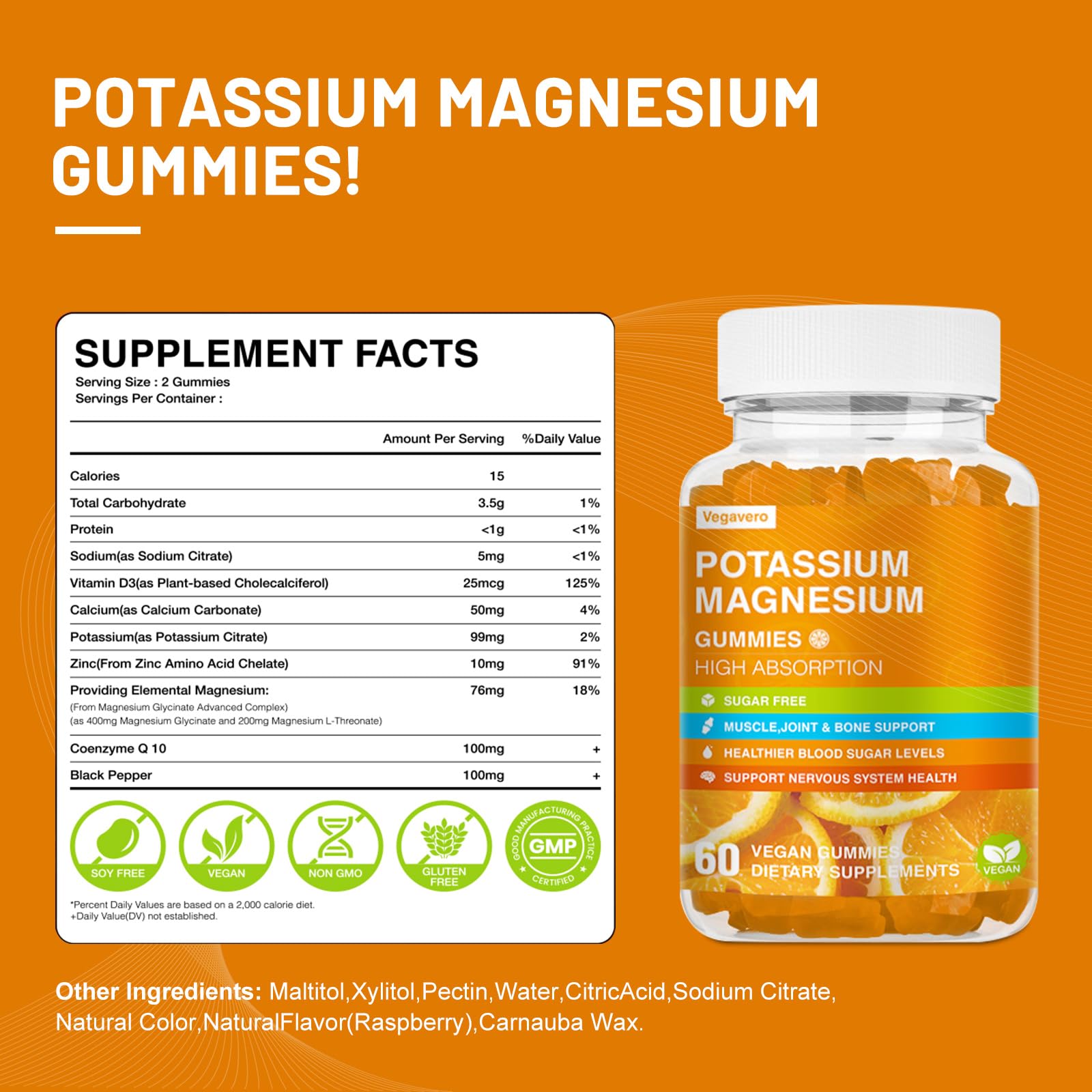 Vegavero Potassium Magnesium Gummies bottle on a kitchen counter