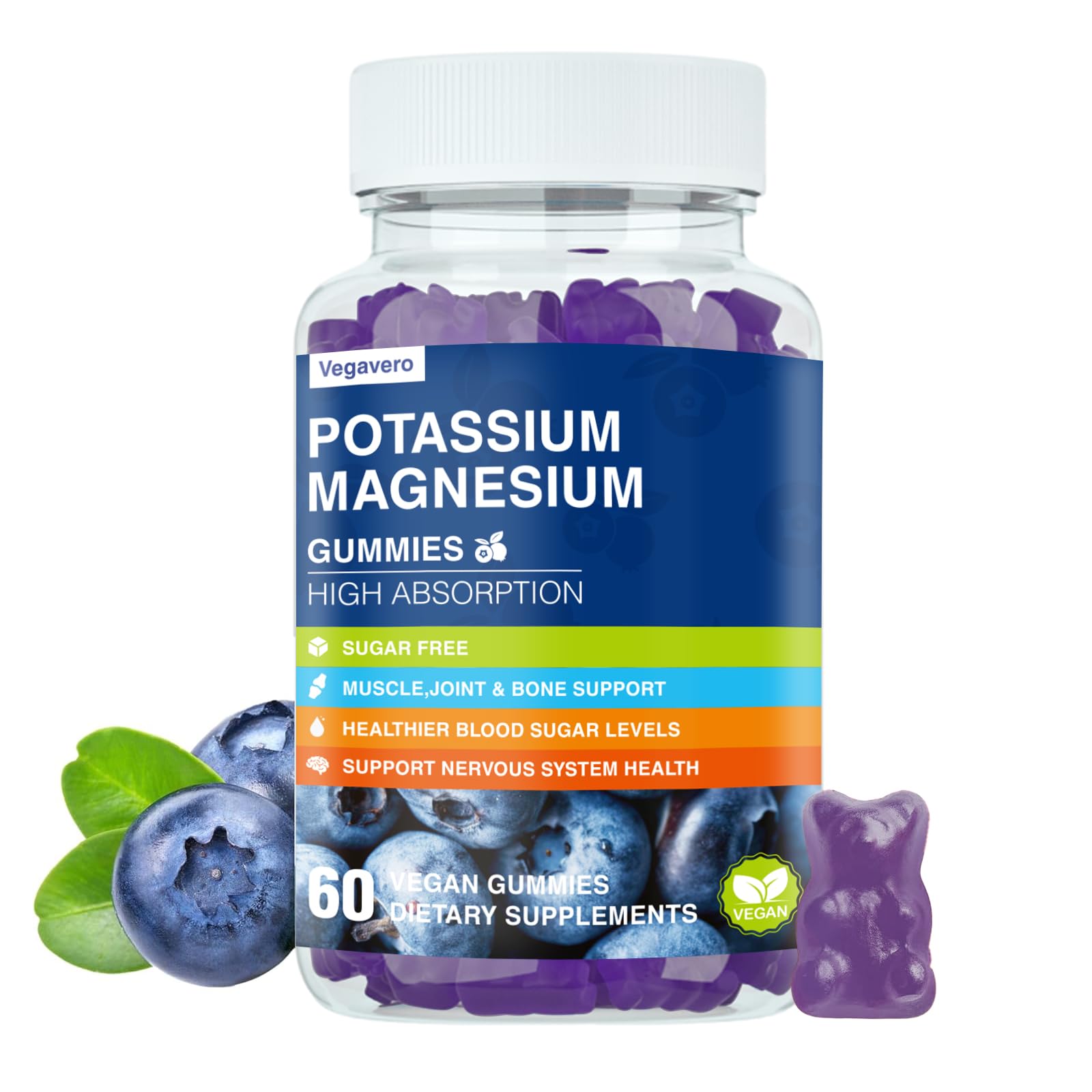 Vegavero Potassium Magnesium Gummies front view with packaging