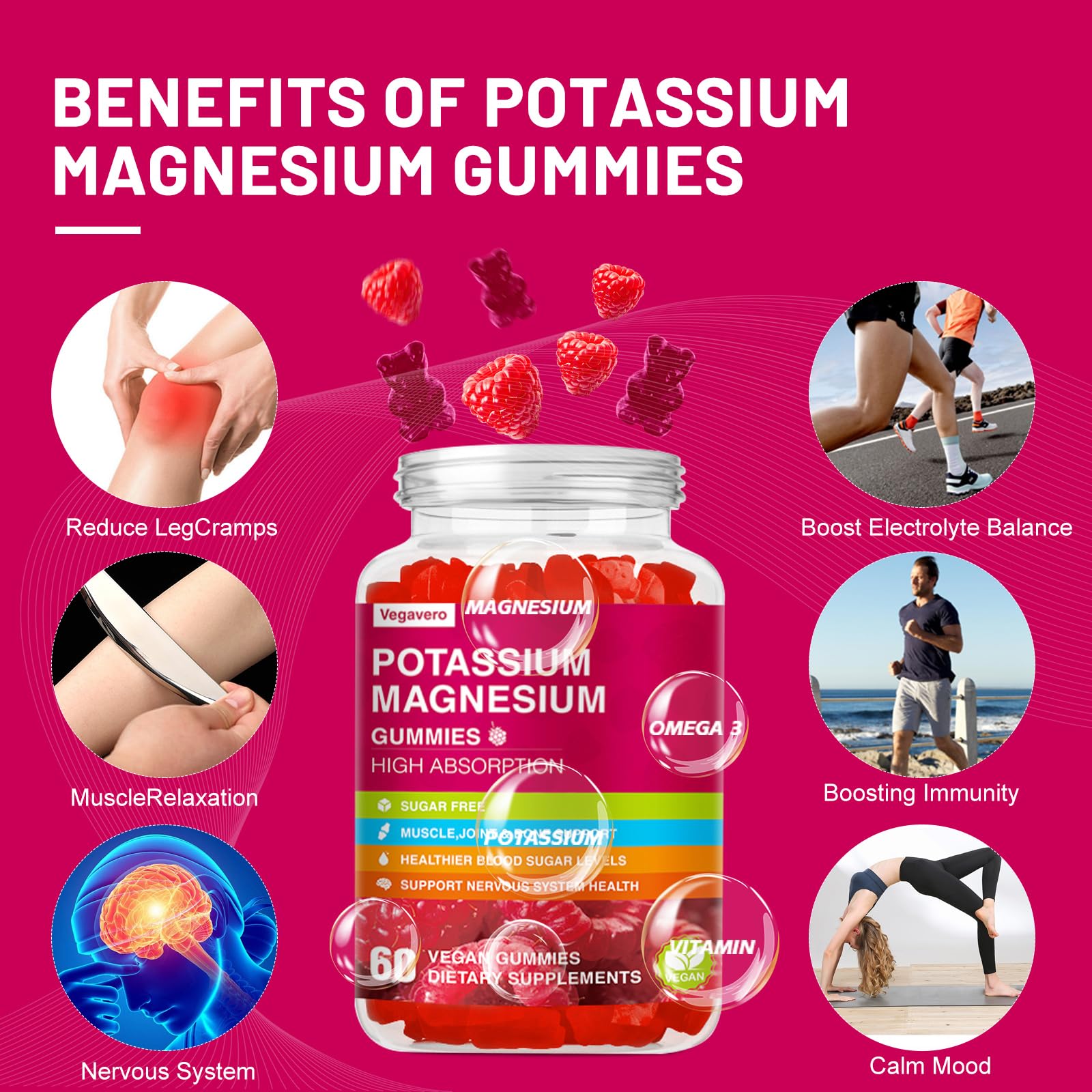 Vegavero Potassium Magnesium Gummies on a wooden table