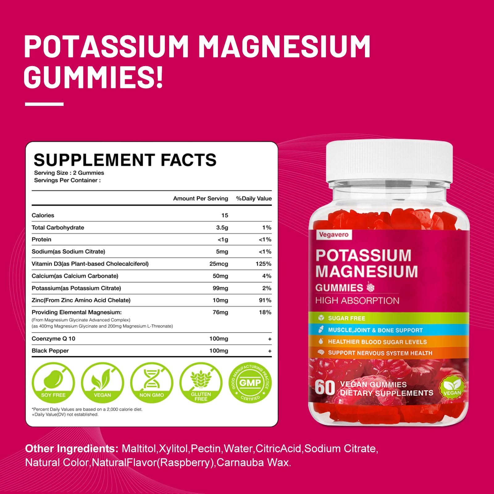 Vegavero Potassium Magnesium Gummies open bottle with gummies