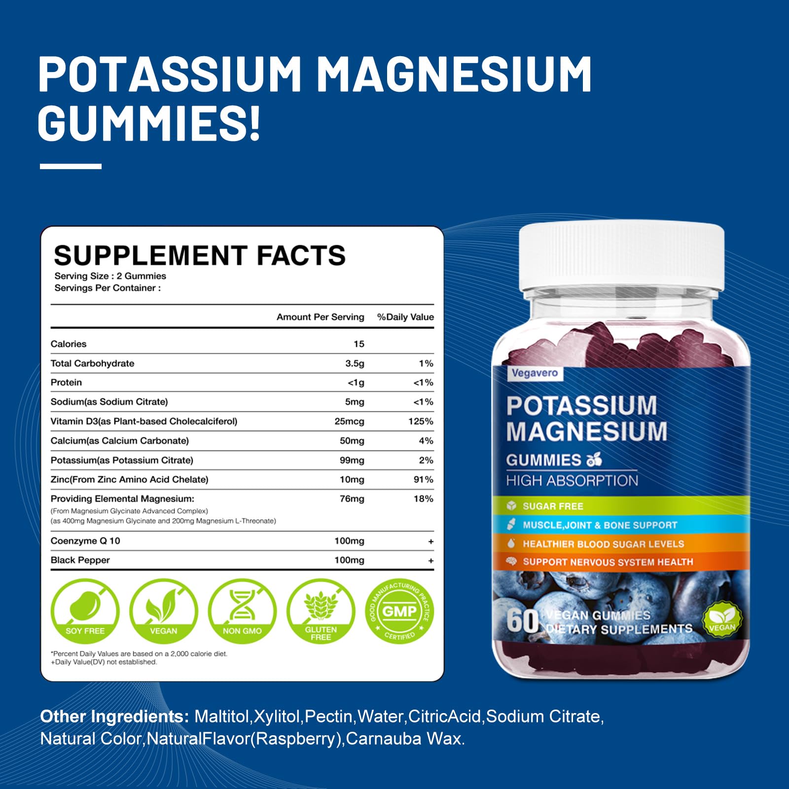 Vegavero Potassium Magnesium Gummies open bottle with gummies