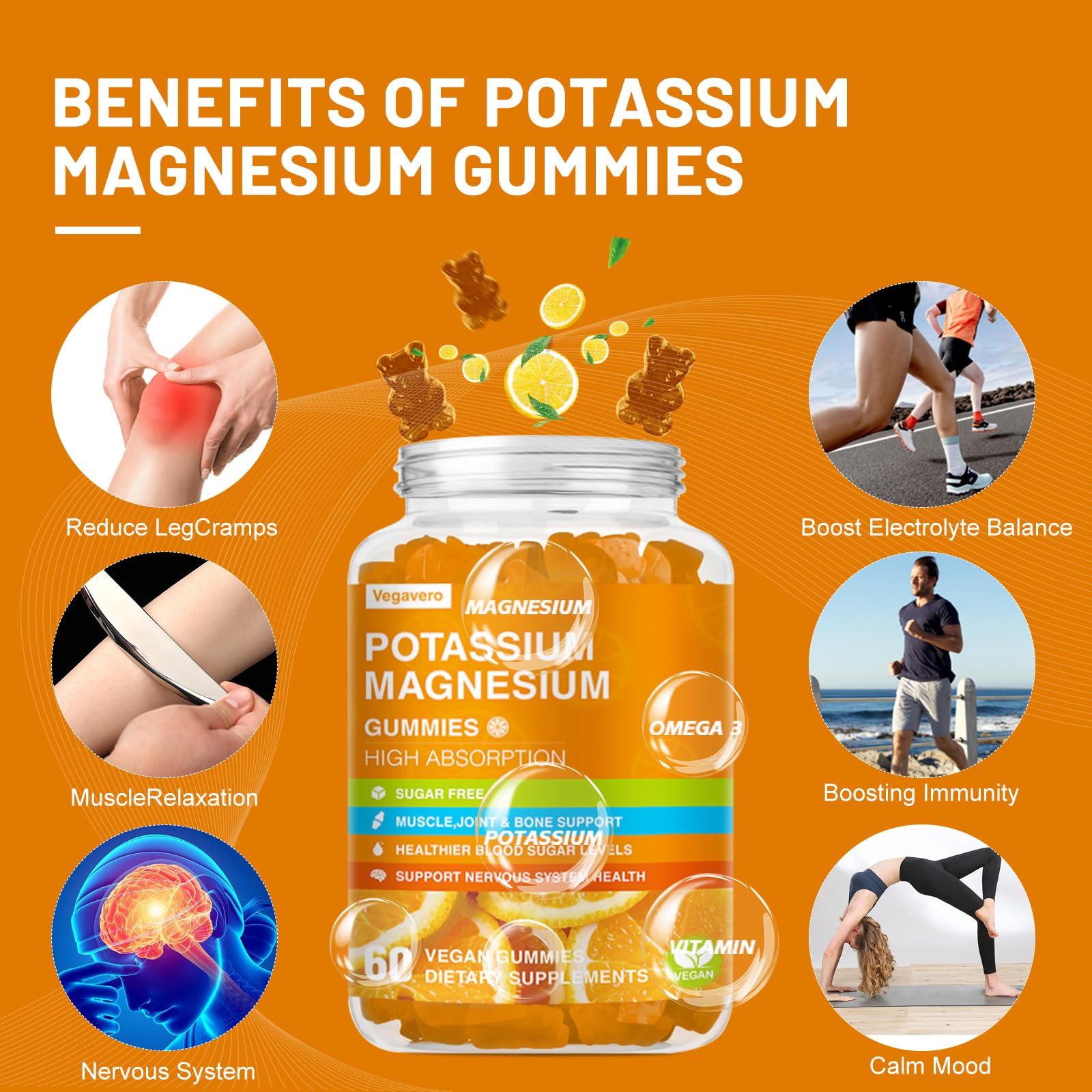Vegavero Potassium Magnesium Gummies with fruits like bananas and oranges