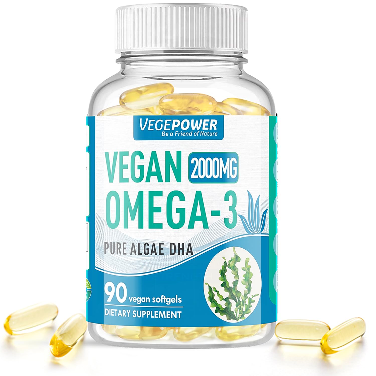 VEGEPOWER Algae Omega-3 DHA softgel bottle front view