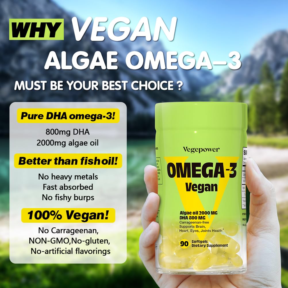 VEGEPOWER Algae Omega-3 DHA softgel on a wooden table