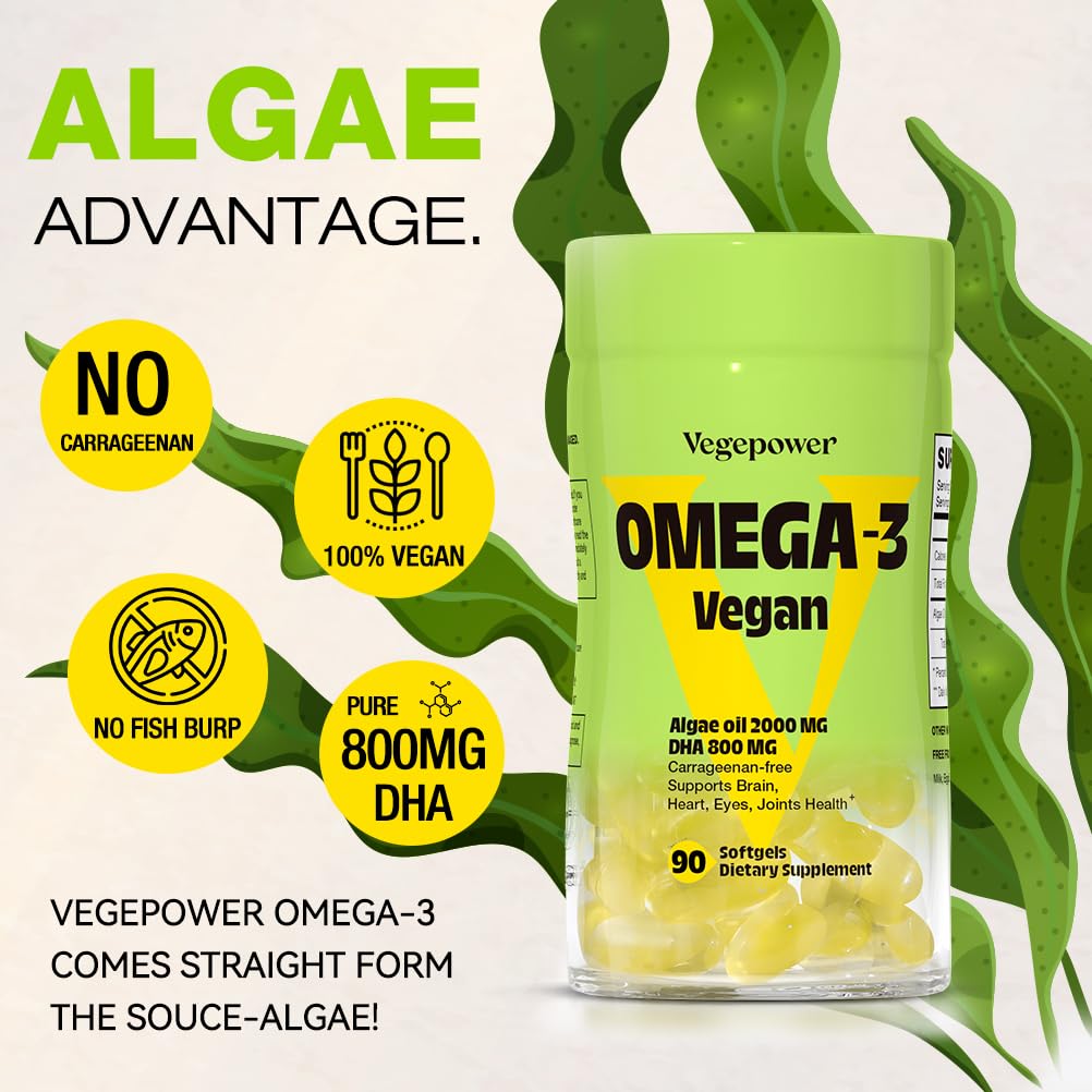 VEGEPOWER Algae Omega-3 DHA softgels with measuring spoon