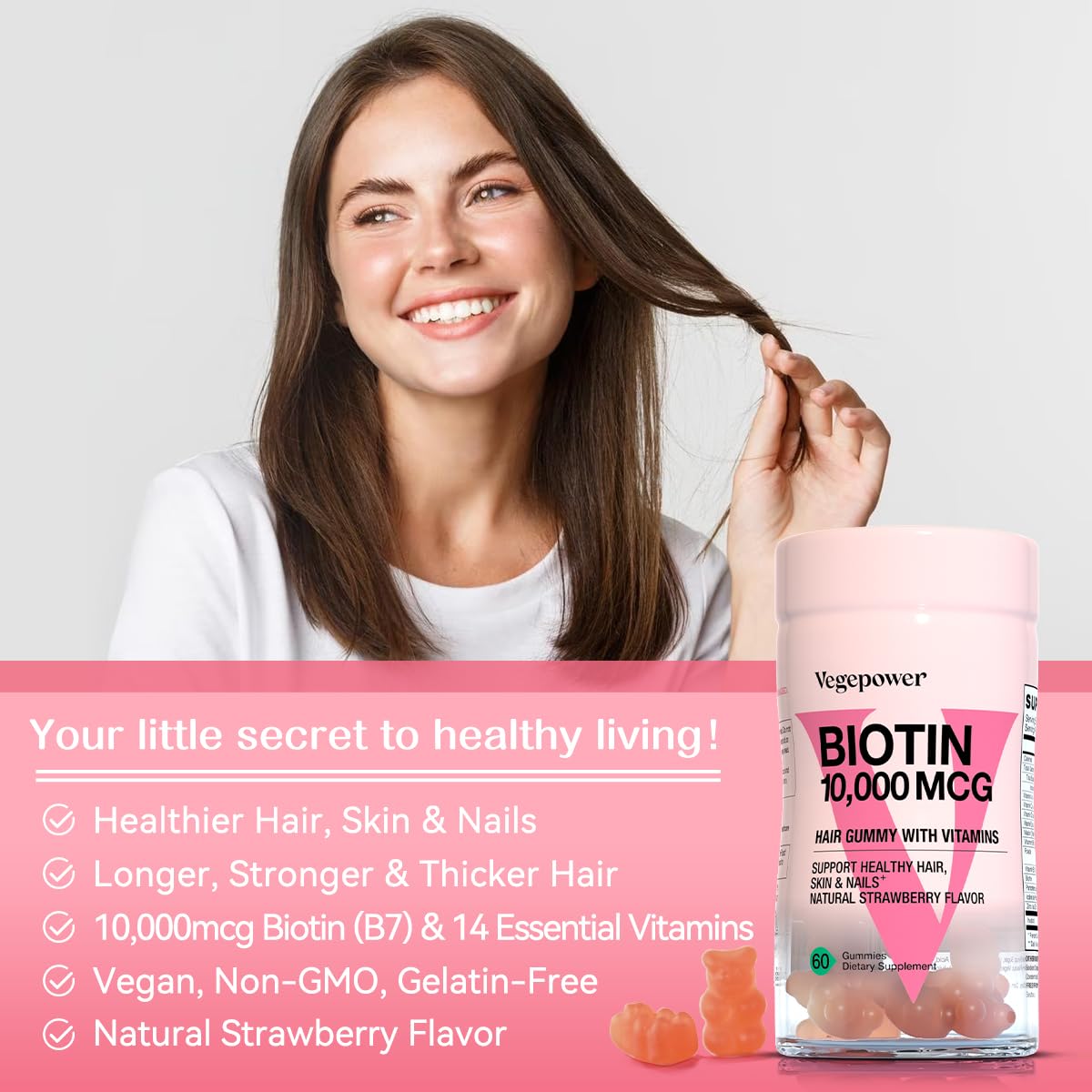VEGEPOWER Hair Growth Biotin Gummies open package with gummies