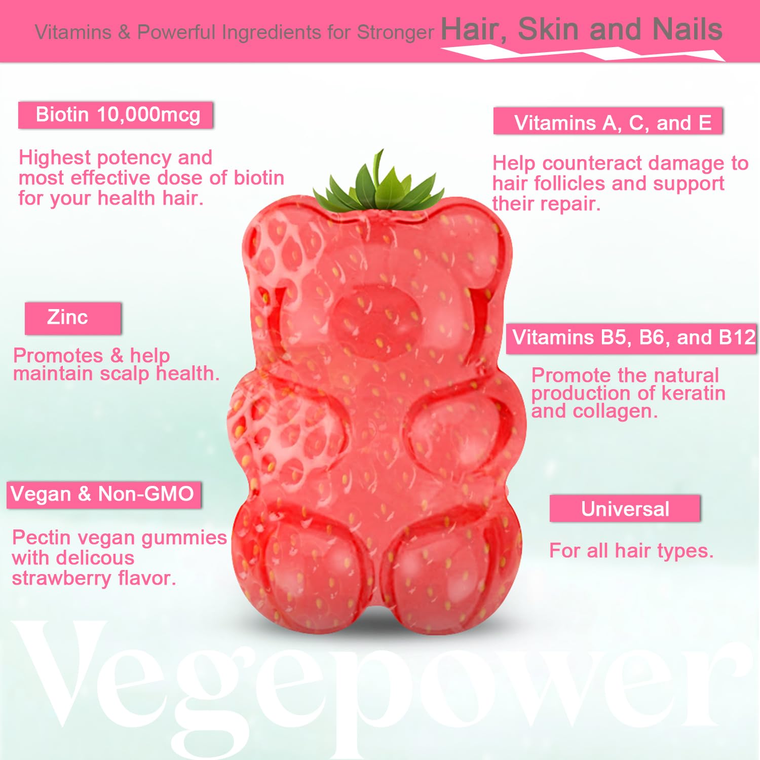 VEGEPOWER Hair Growth Biotin Gummies side view showing ingredients