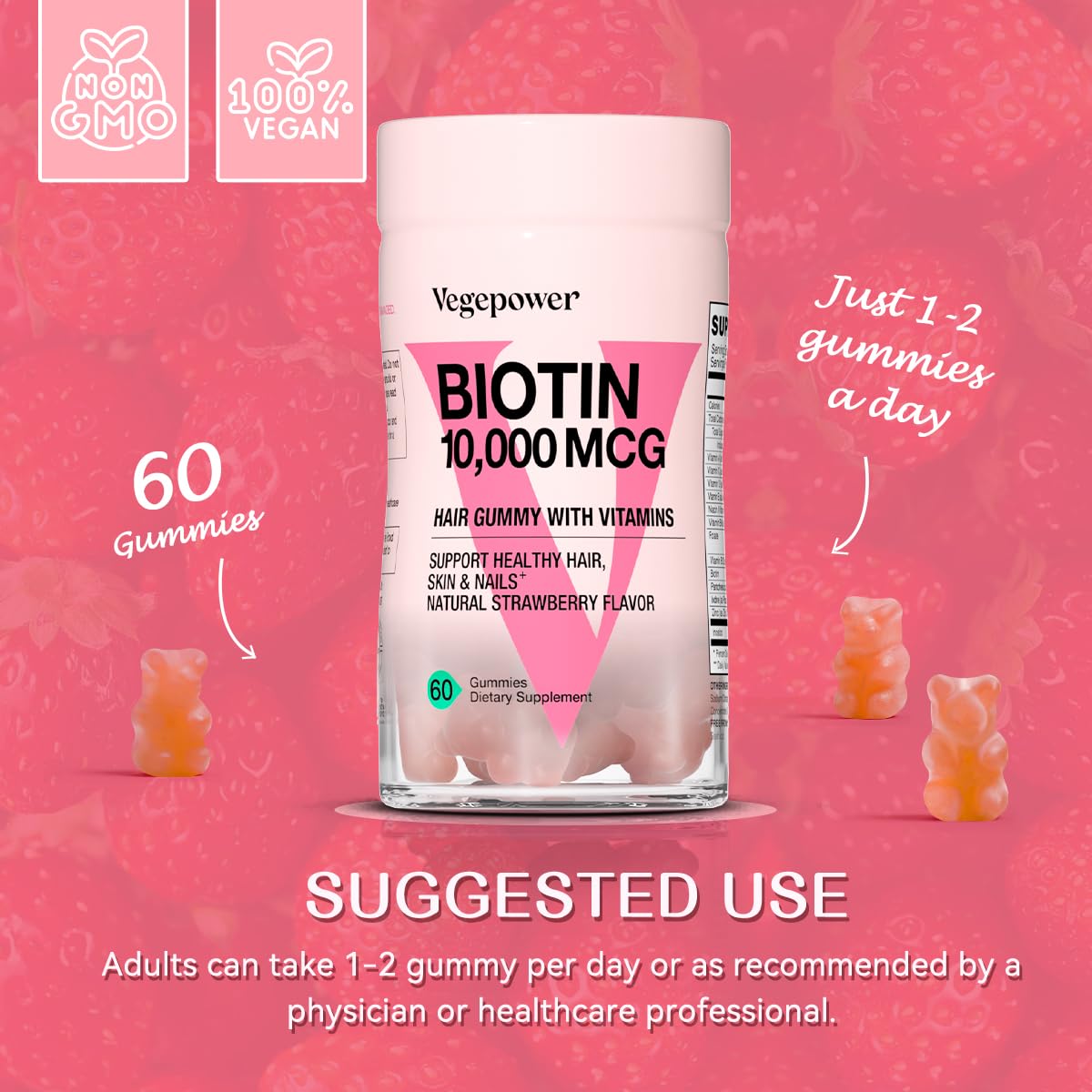 VEGEPOWER Hair Growth Biotin Gummies with fresh strawberries
