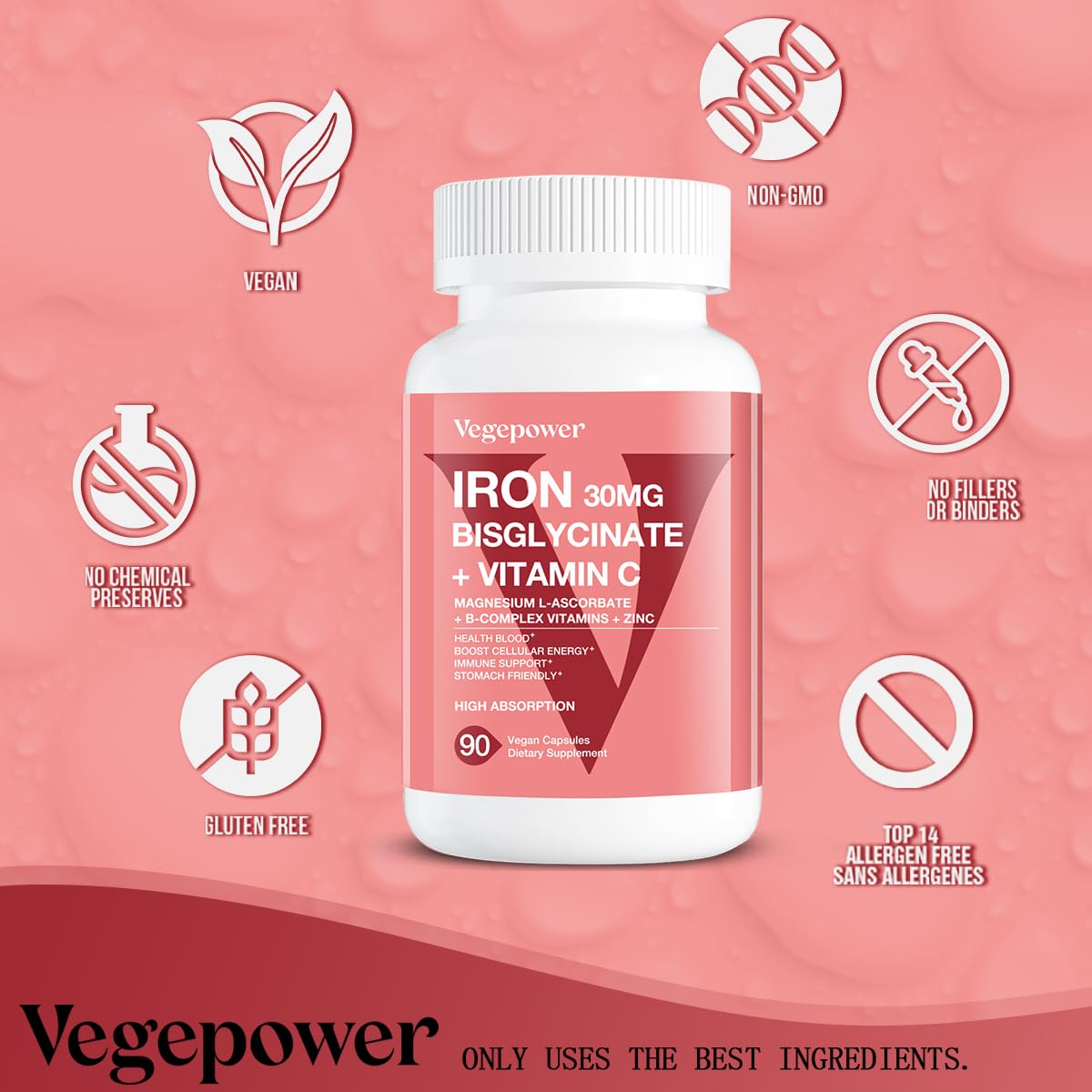 VEGEPOWER Iron Bisglycinate Supplement on a wooden table