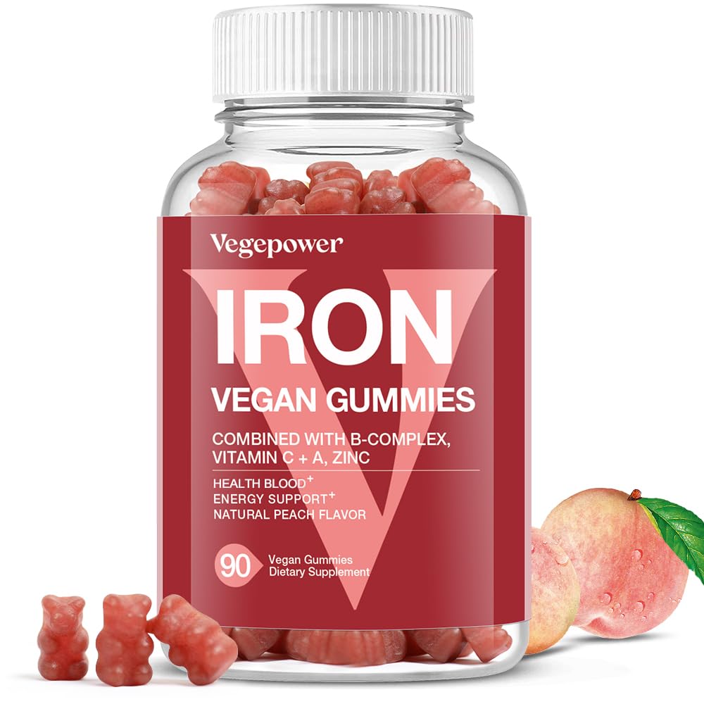 VEGEPOWER Iron Gummies 259g front view with peach flavour