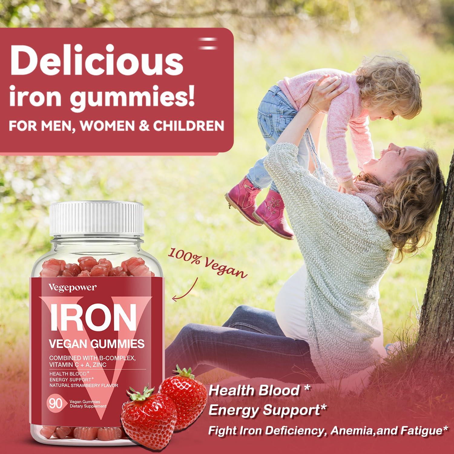 VEGEPOWER Iron Gummies Strawberry flavour back view with ingredients