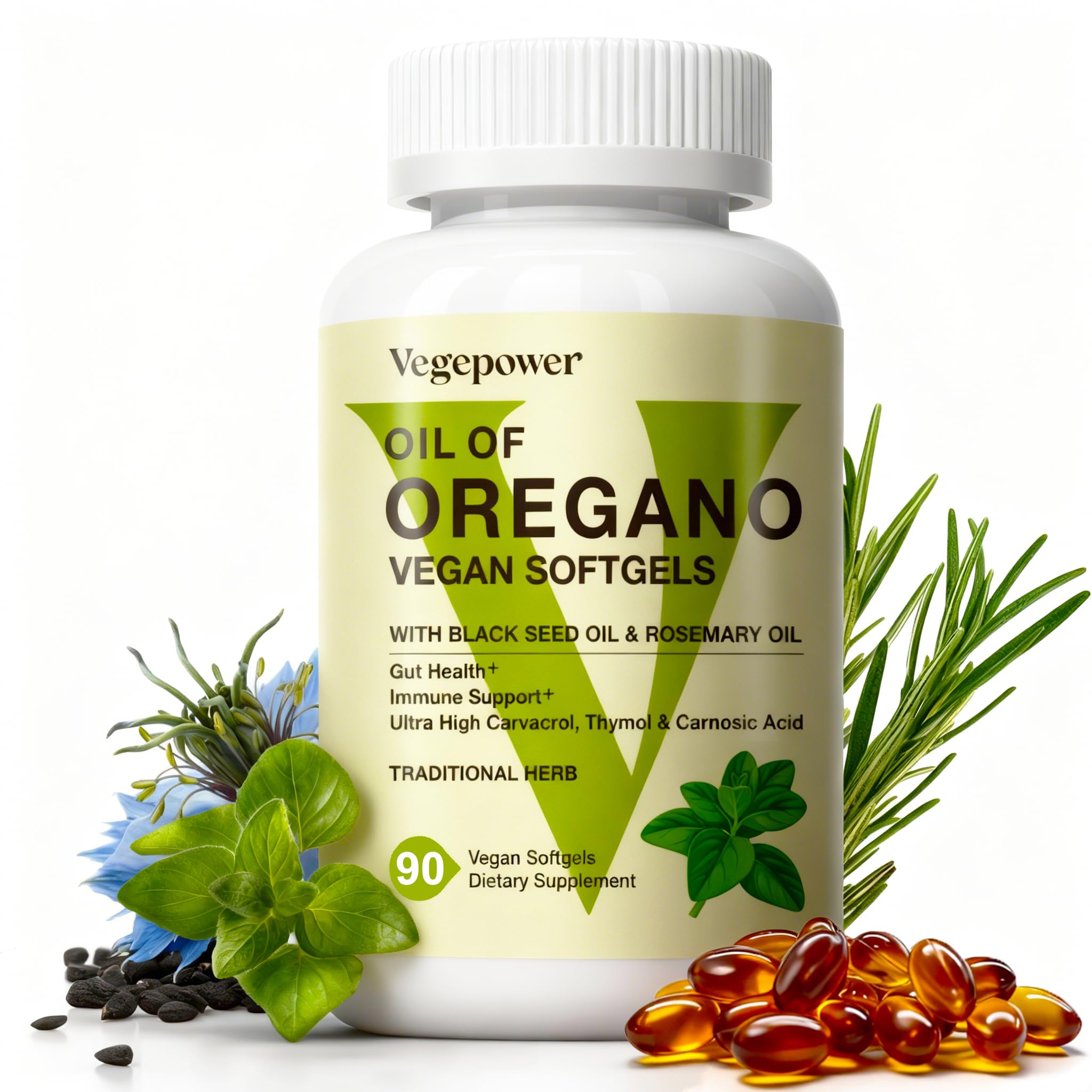 VEGEPOWER Oil of Oregano 90 vegan softgels bottle front view